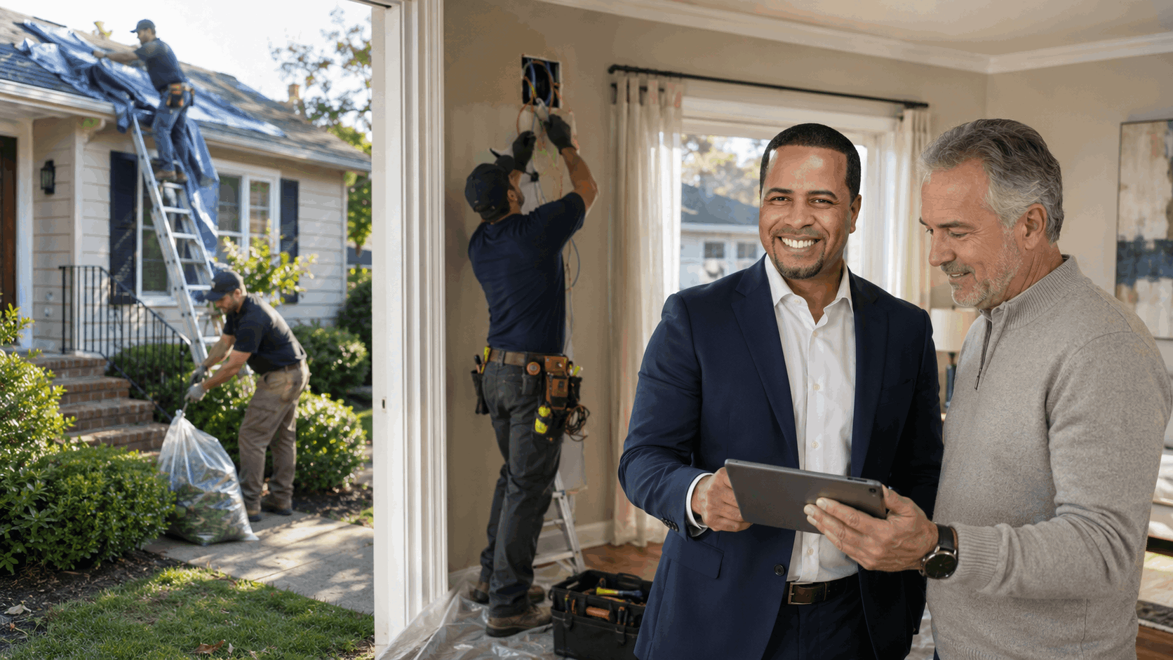 Johnny Rodriguez and an executor review priority repairs as contractors address a roof leak, electrical hazard, and curb appeal at a North Jersey probate property.
