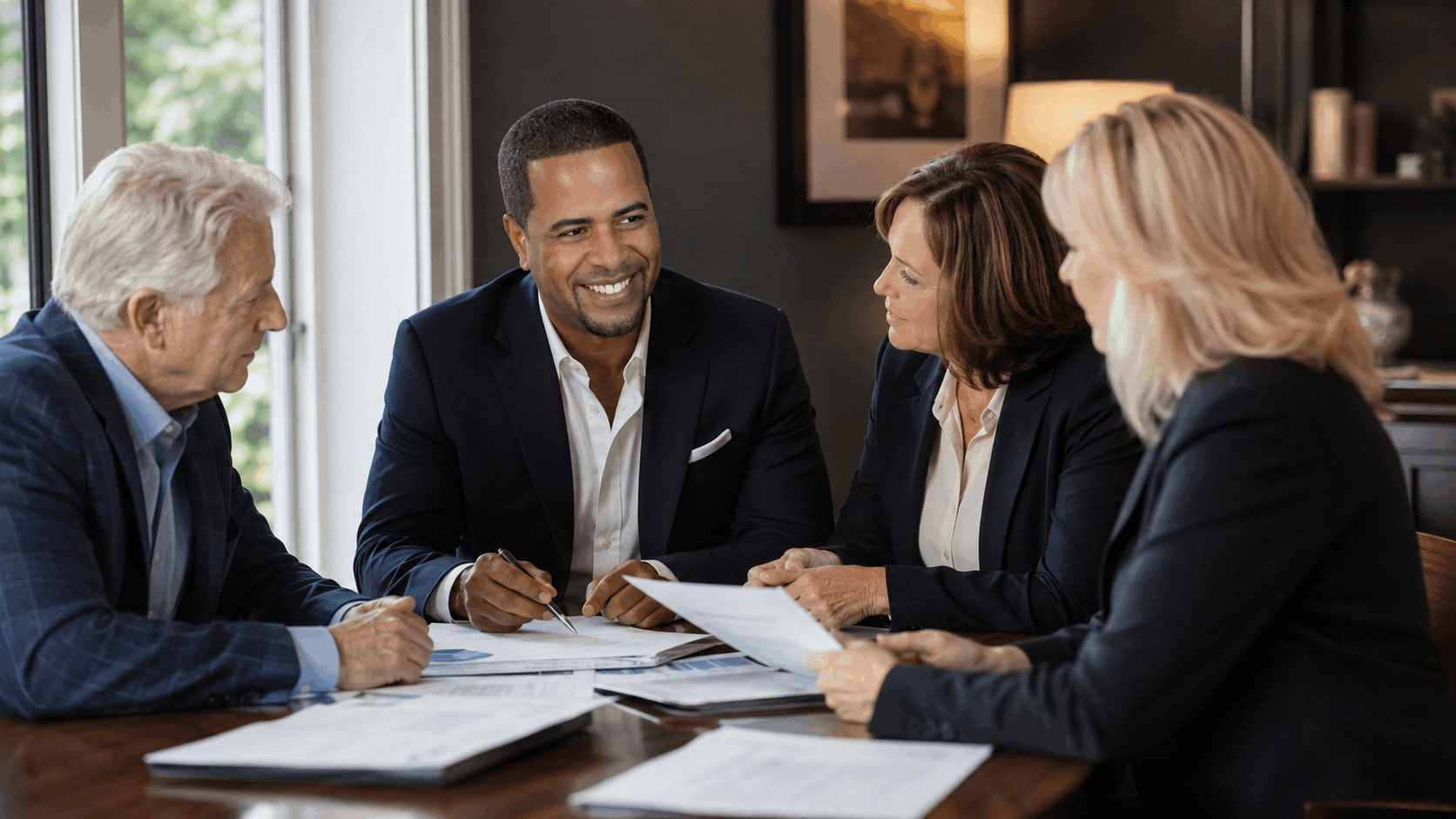 Johnny Rodriguez meets with an executor, estate attorney, and title professional to coordinate probate, title, lien, and sale requirements for an inherited North Jersey home.
