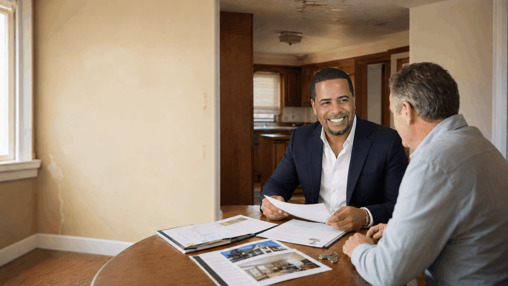 Johnny Rodriguez reviews probate documents, repair estimates, property photos, and a home valuation with an executor inside an inherited North Jersey property.