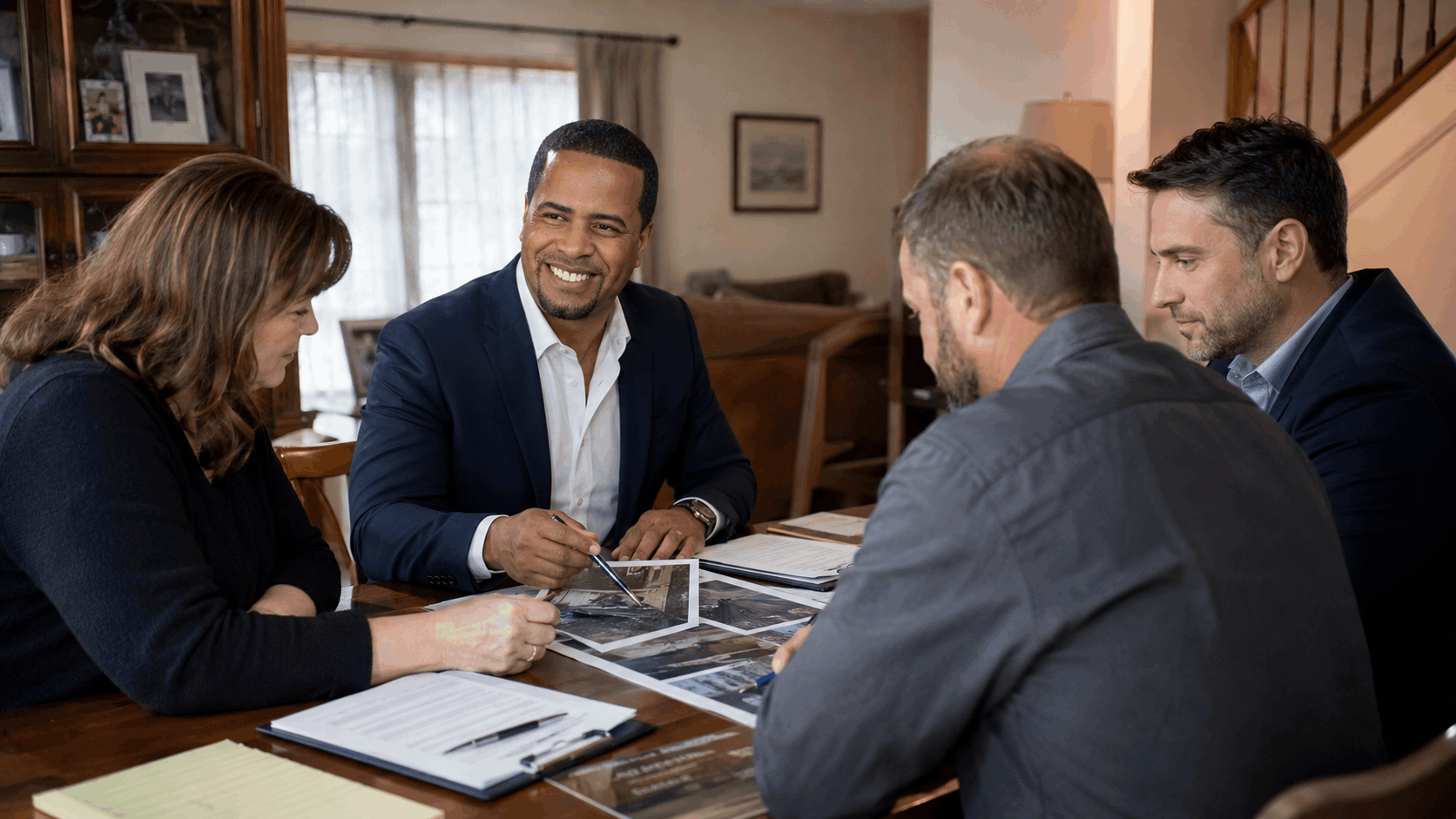 Johnny Rodriguez reviews inspection photos, repair concerns, and an as-is negotiation strategy with an executor, buyer’s agent, and home inspector inside an inherited North Jersey home.