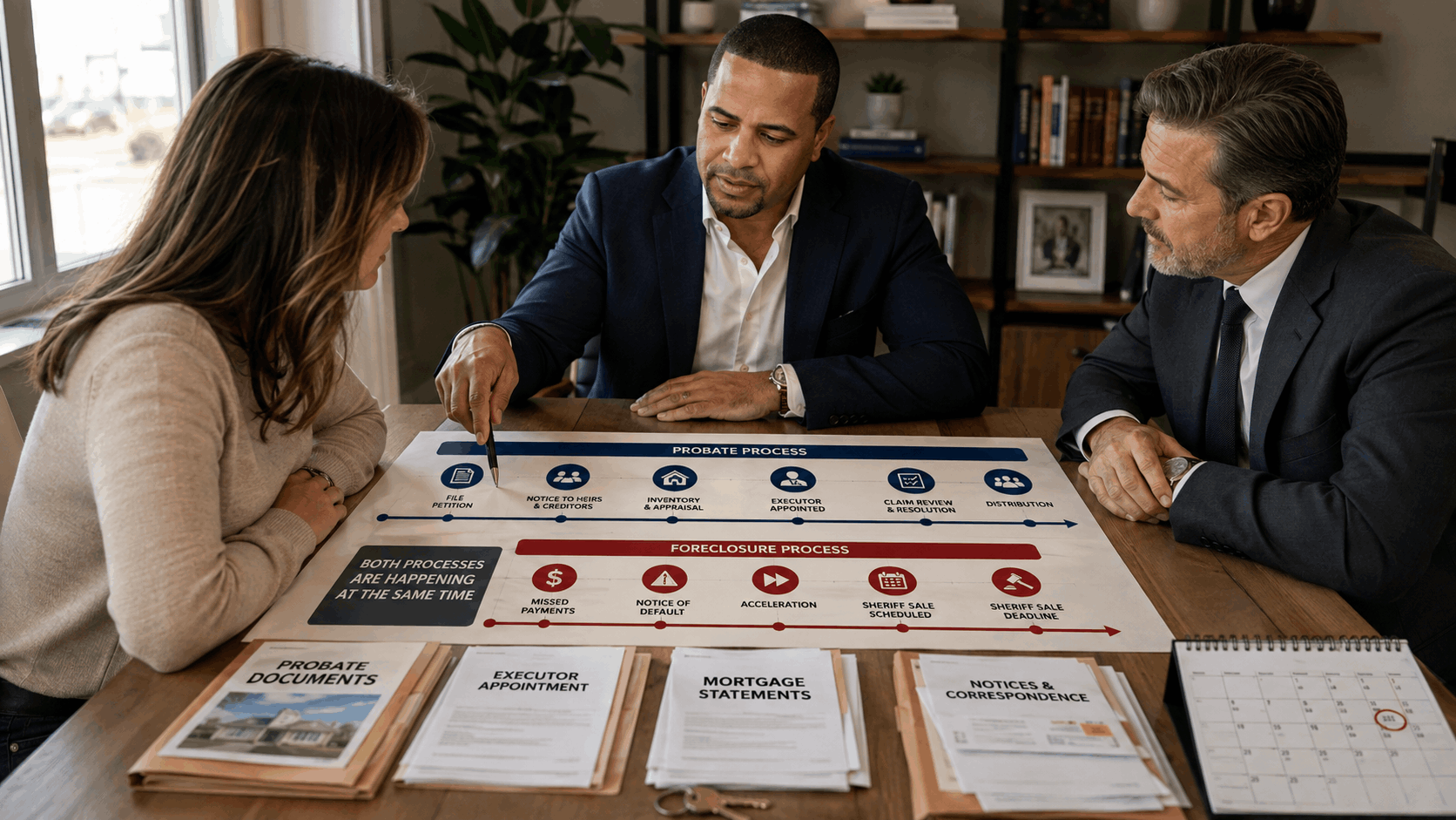 Johnny Rodriguez explains parallel probate and foreclosure timelines to an executor and estate attorney in a North Jersey office.