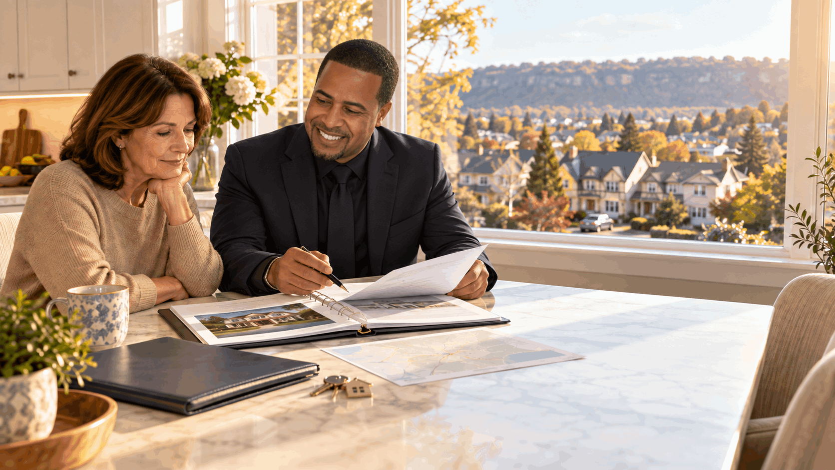 North Jersey probate real estate consultation with an heir reviewing an inherited property plan, home valuation materials, and house keys with a local real estate professional.