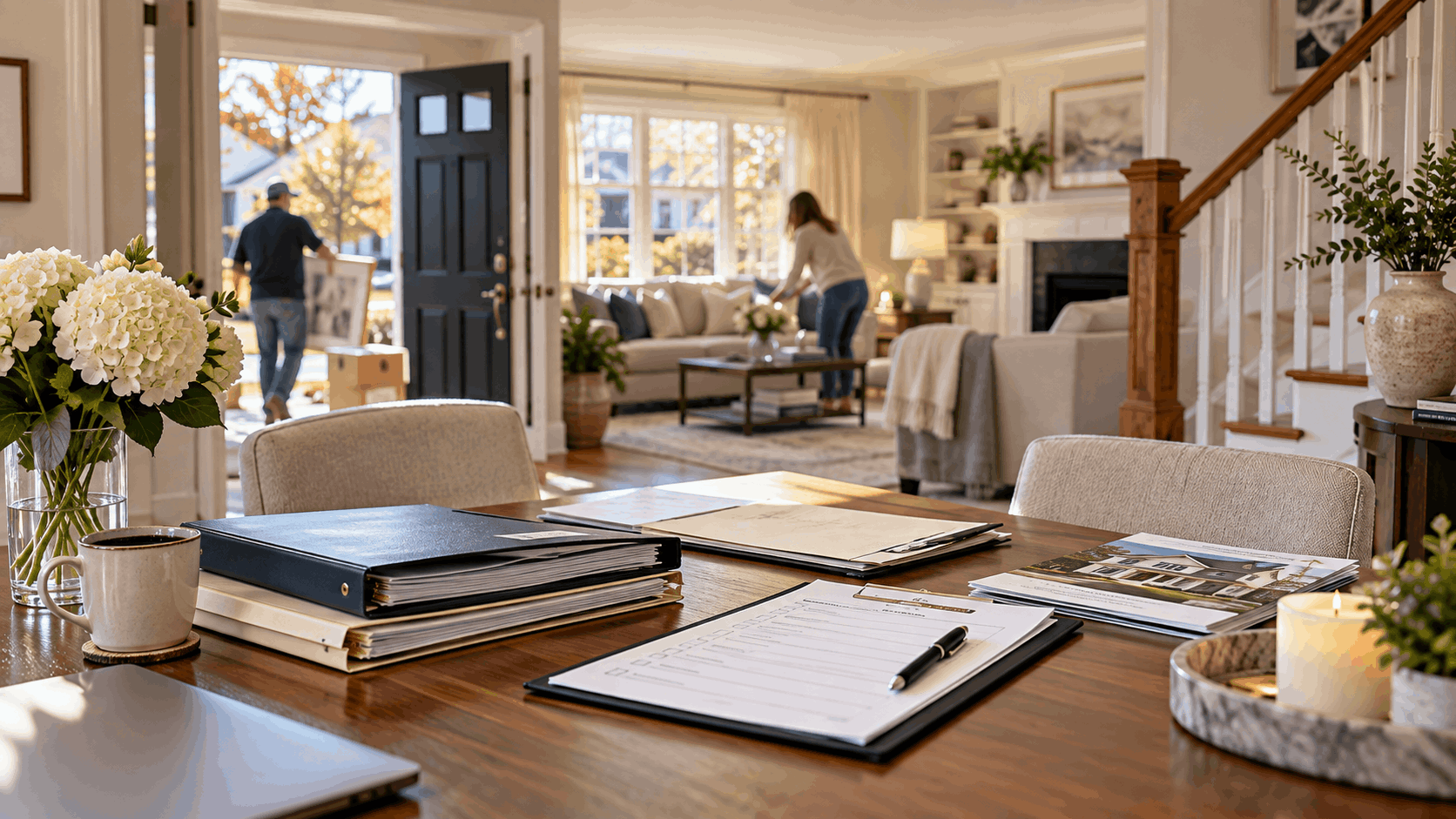 North Jersey inherited home being prepared for sale during probate, with estate folders and a home-selling checklist on a table and light staging activity in the background.