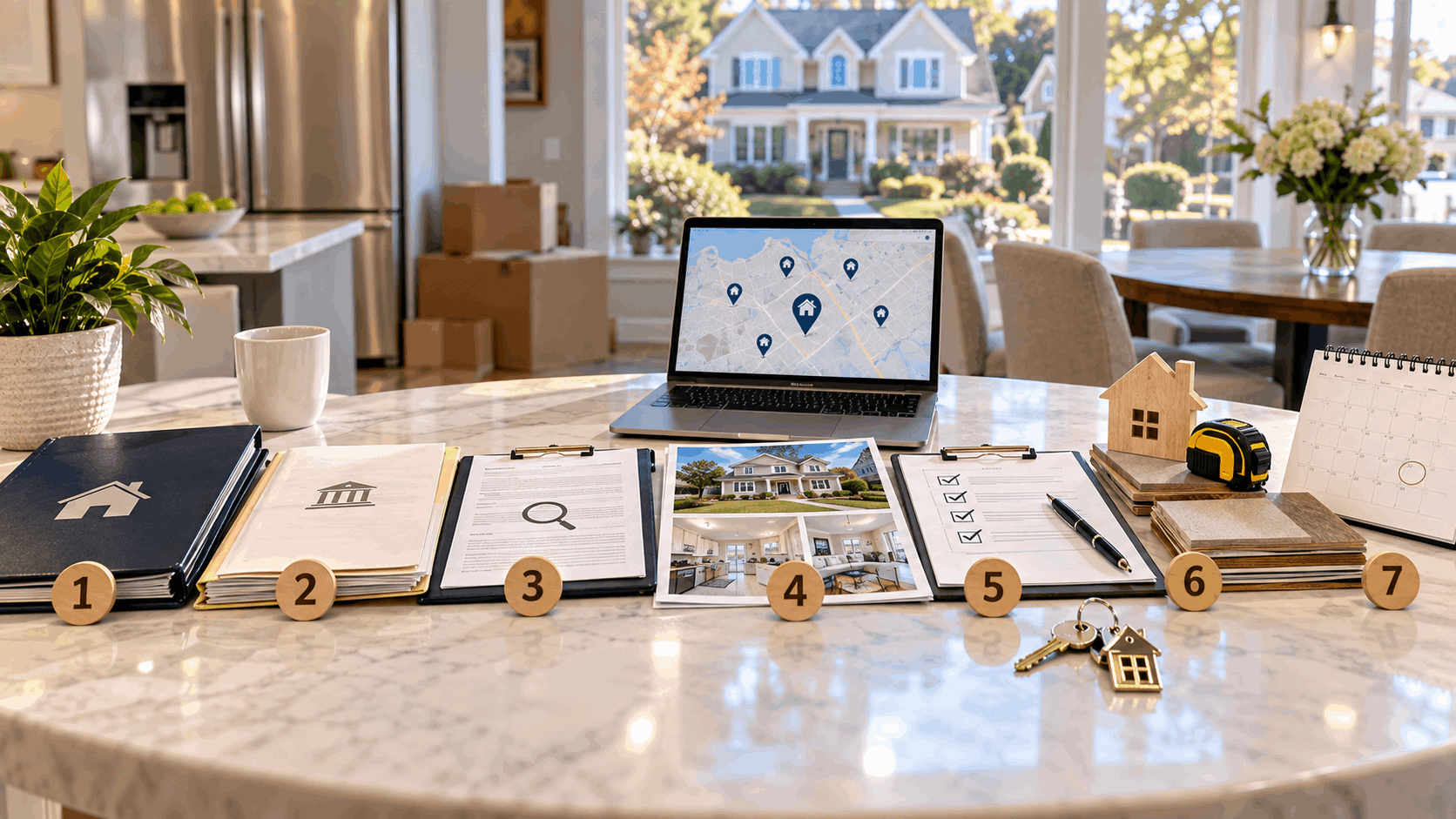 Seven-step inherited home sale planning scene in North Jersey with probate documents, valuation materials, inspection notes, repair checklist, calendar, and house key arranged on a kitchen table.