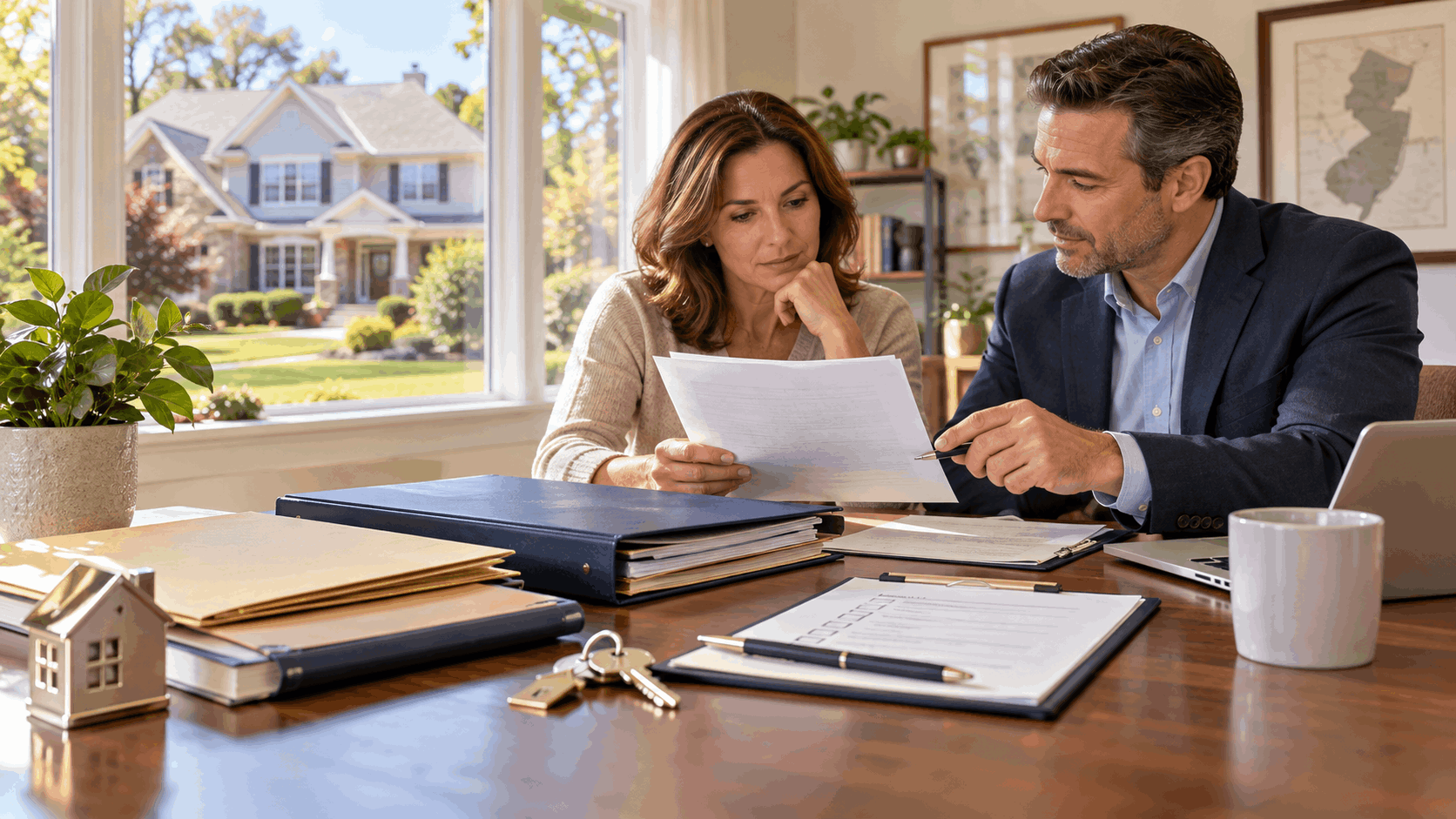 New Jersey estate representative reviewing inherited property documents, title paperwork, and house keys with an advisor for a North Jersey home.