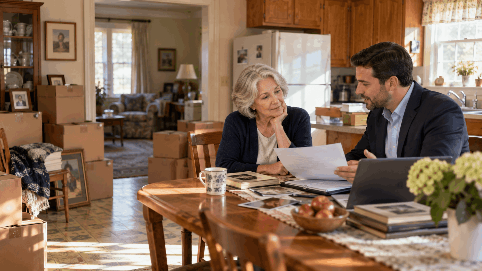 Estate representative reviewing as-is selling options with a real estate professional inside an older North Jersey inherited home with moving boxes and organized belongings.