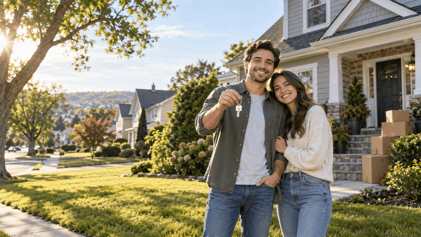 Hopeful first-time homebuyer couple holding house keys outside a single-family home in Clifton, New Jersey, with moving boxes and a well-kept suburban neighborhood in the background.