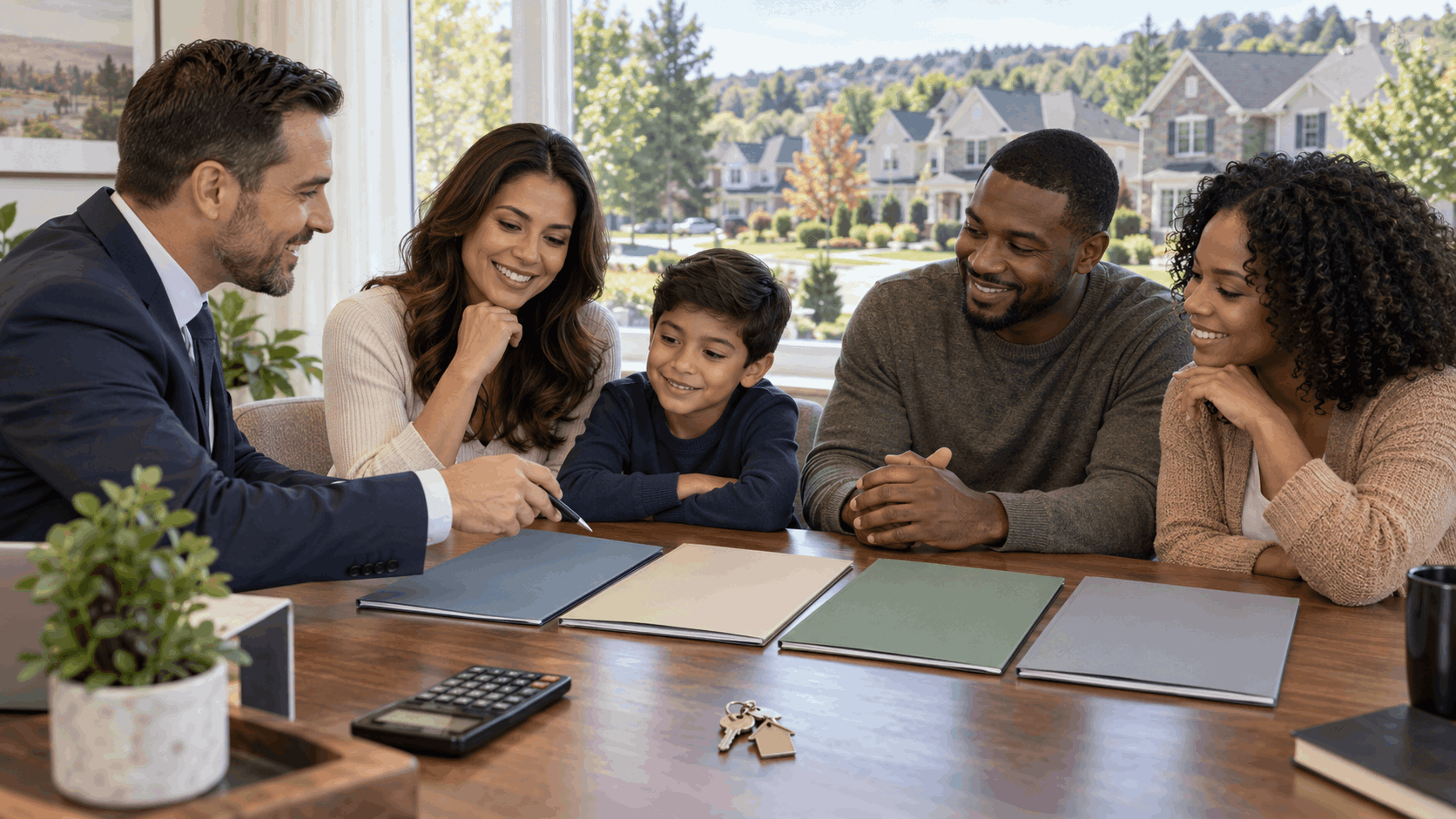 Diverse North Jersey homebuyers meeting with a loan professional to compare mortgage options at a bright table with folders, a calculator, and house keys.