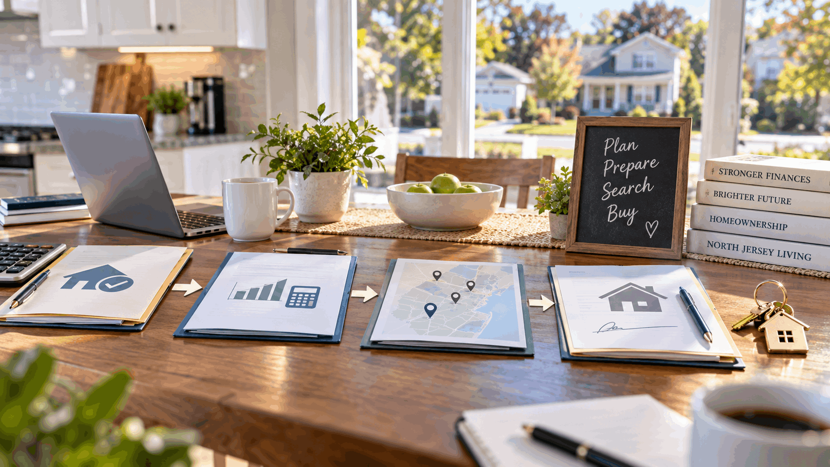 Four-step North Jersey first-time homebuyer journey showing mortgage planning, budgeting, neighborhood search, home offer, and house keys.