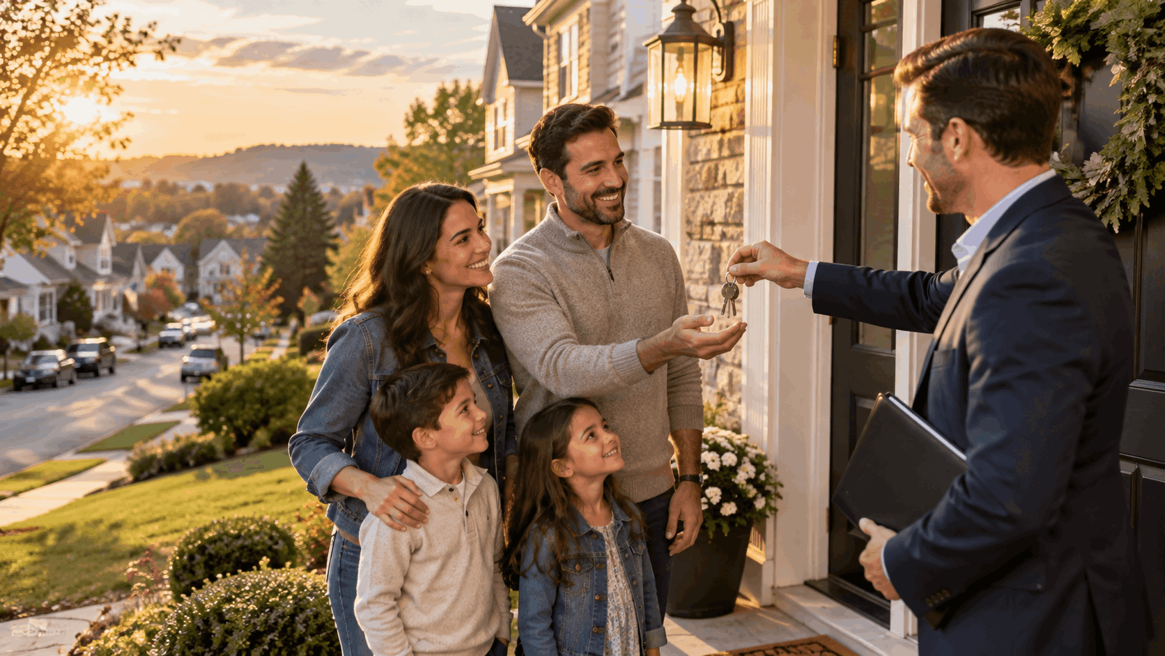 First-time North Jersey homebuyer family receiving house keys at the front door of a well-kept Clifton, New Jersey home at golden hour.