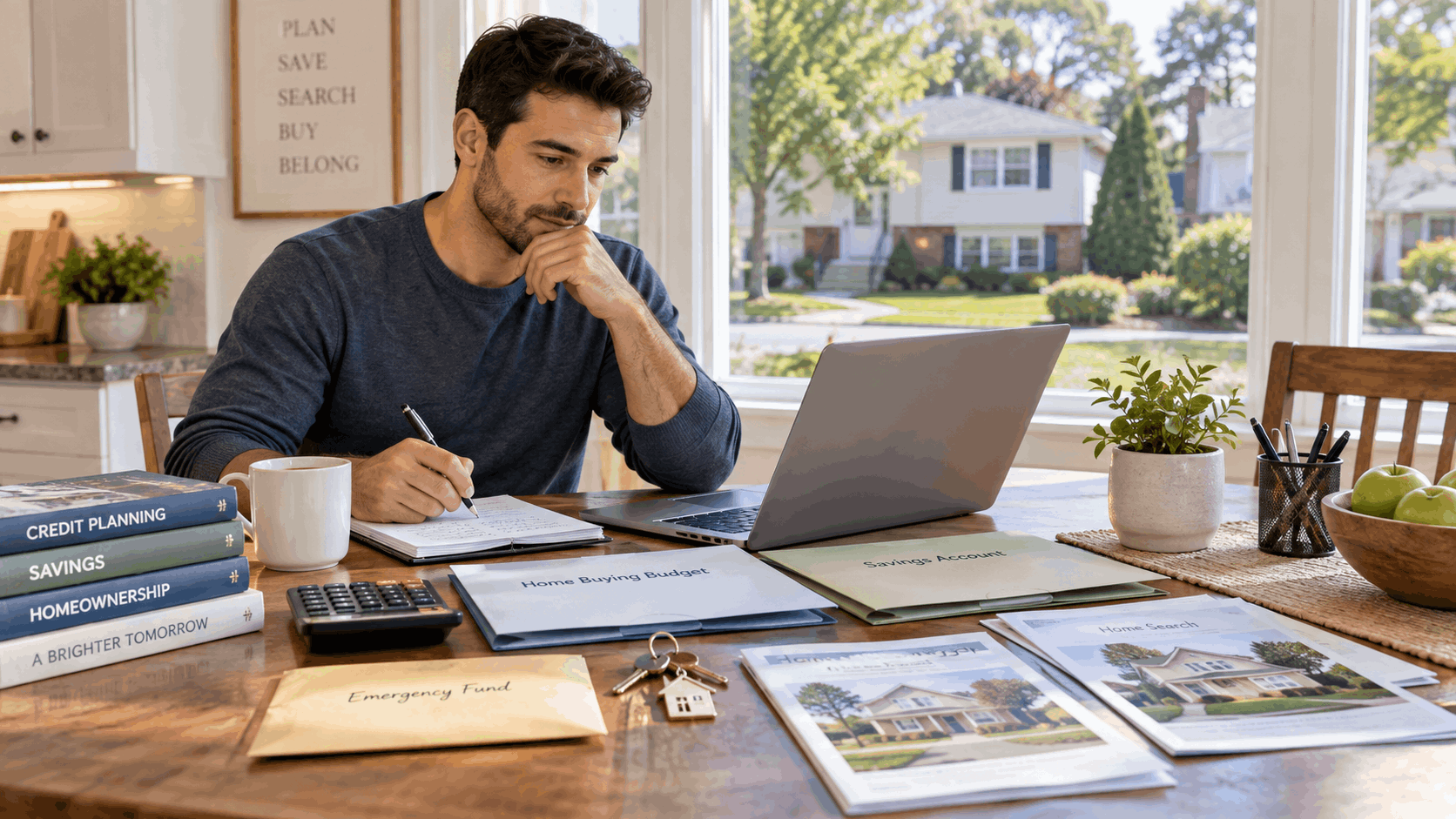 Aspiring North Jersey homeowner reviewing a homebuying budget, savings plan, emergency fund, and credit preparation at a kitchen table.