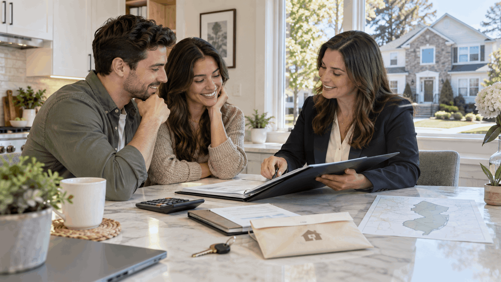 First-time New Jersey homebuyers reviewing a down payment assistance plan with a mortgage professional at a bright kitchen table.