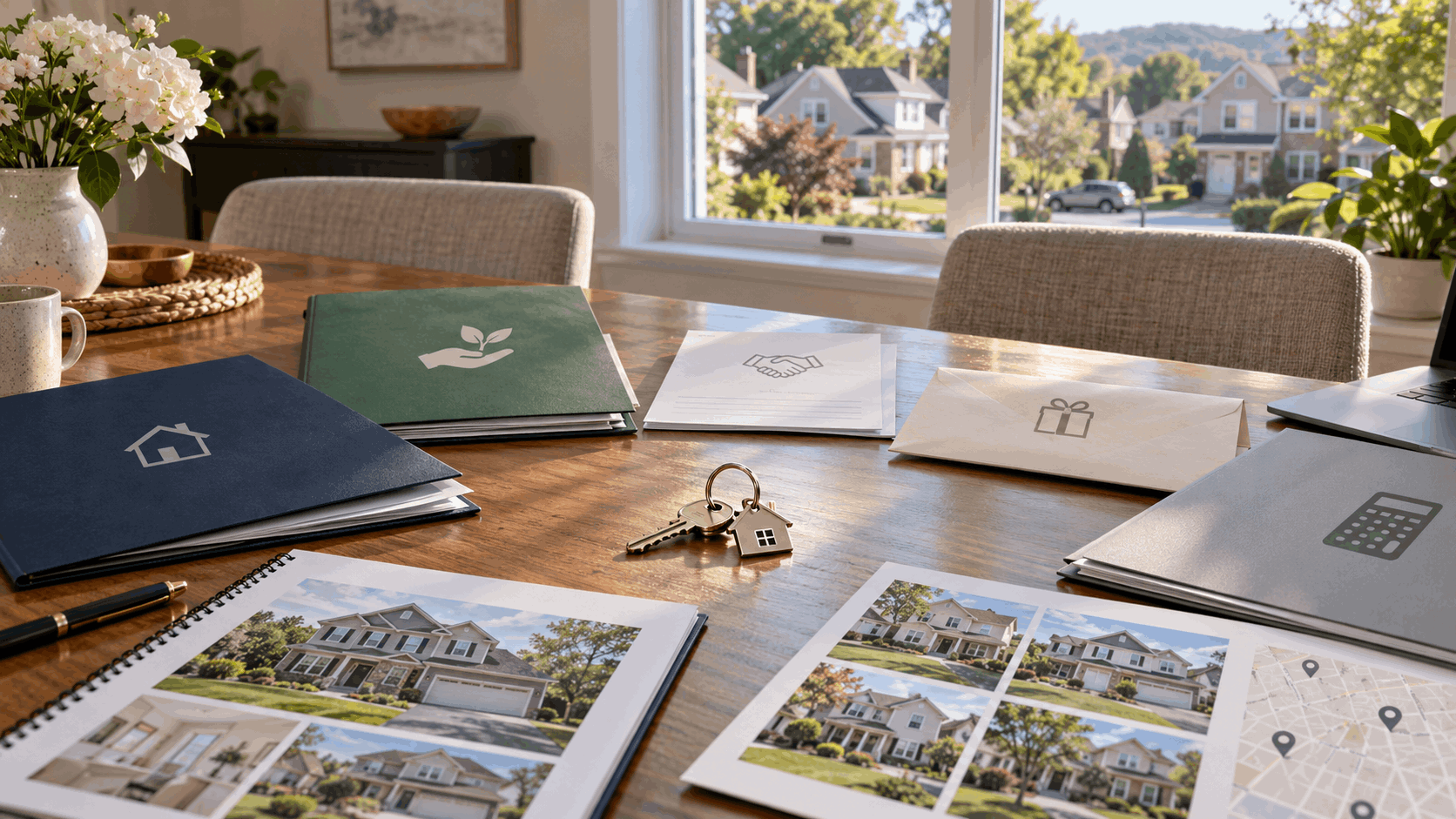 Strategic North Jersey homebuying plan with house keys, mortgage folders, assistance options, seller concessions, gift funds, and home search materials on a dining table.