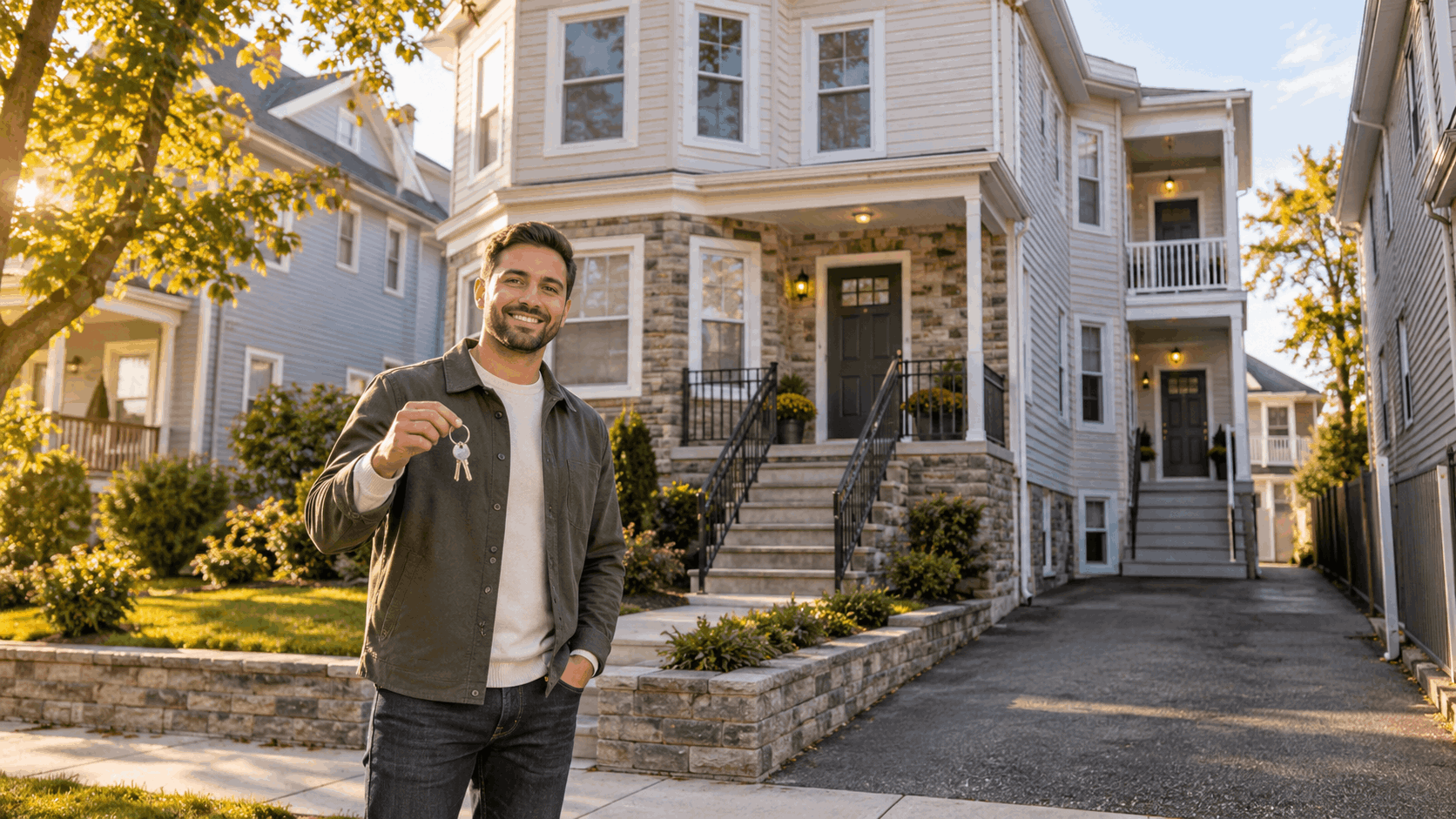 Owner-occupant holding house keys outside a three-family home in Paterson, NJ, showing a multifamily property with separate residential entrances.