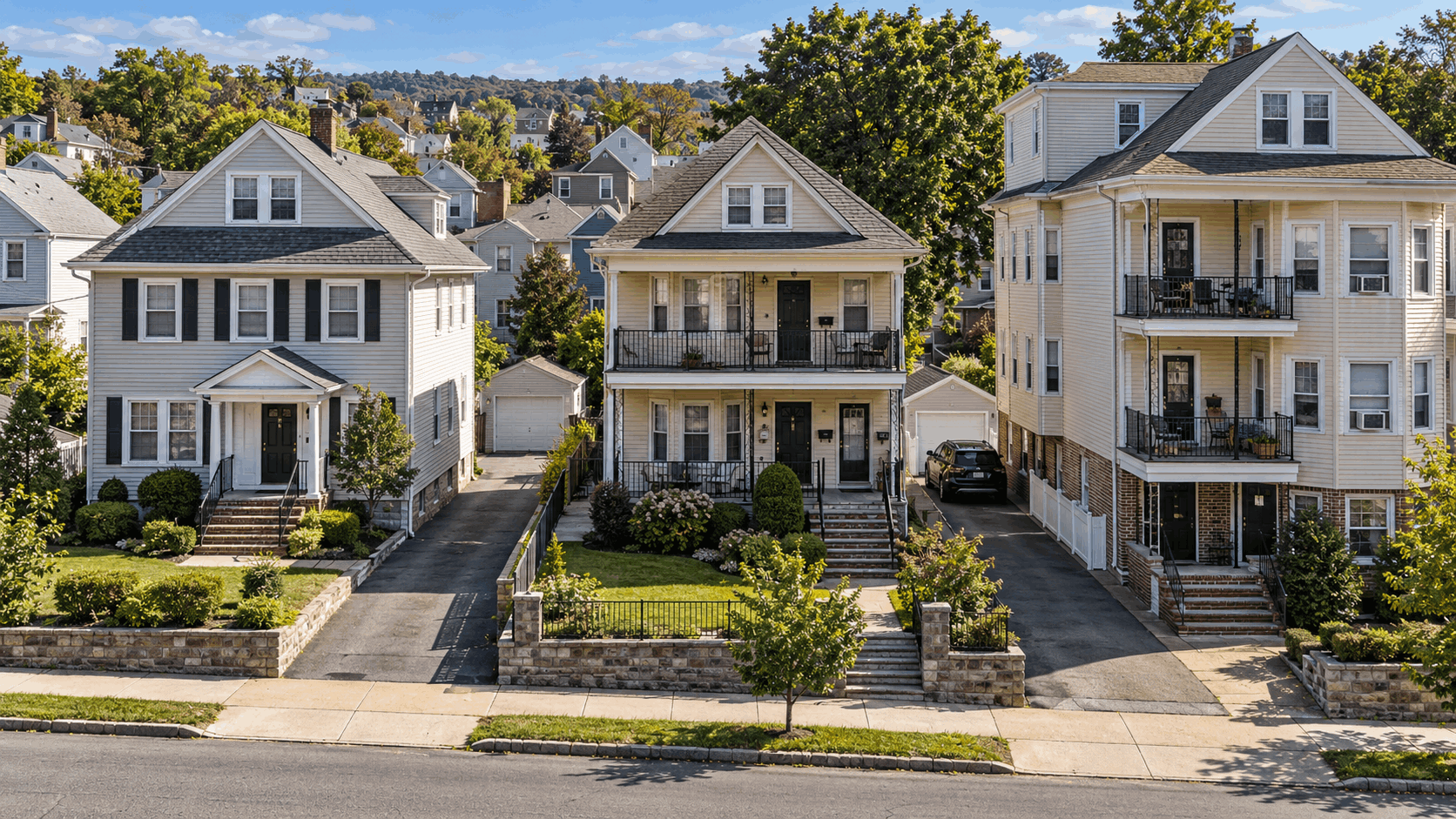 Paterson, New Jersey neighborhood block featuring a mix of single-family, two-family, and three-family homes with authentic North Jersey architecture.
