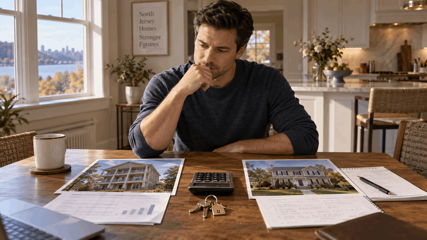 North Jersey homebuyer comparing a three-family property and a single-family home with mortgage notes, rental income planning, calculator, and house keys.