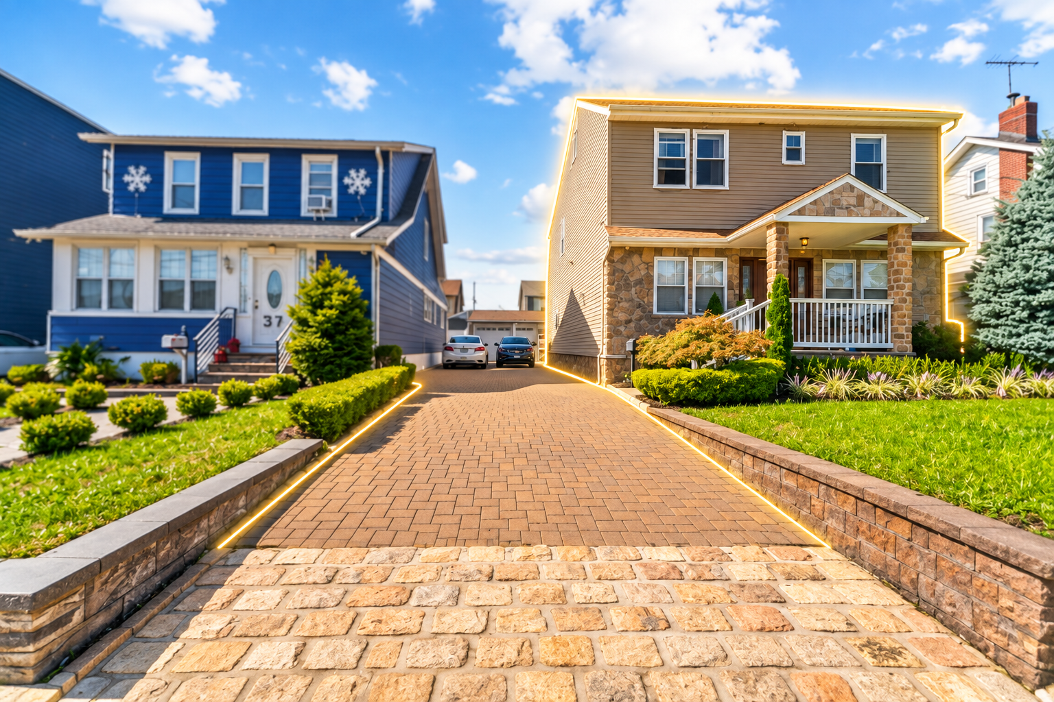 Highlighted single-family home in Paterson, NJ, featuring a wide private driveway, landscaped front yard, and off-street parking.