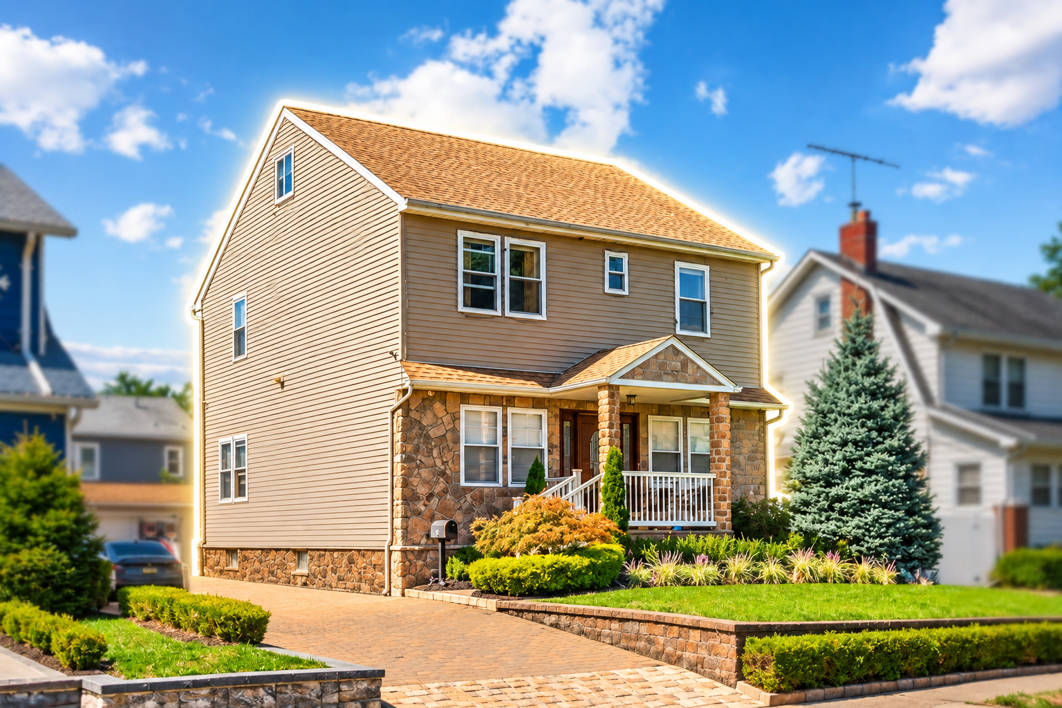 Highlighted exterior of a single-family home in Paterson, NJ, with driveway, landscaped front yard, and covered porch.