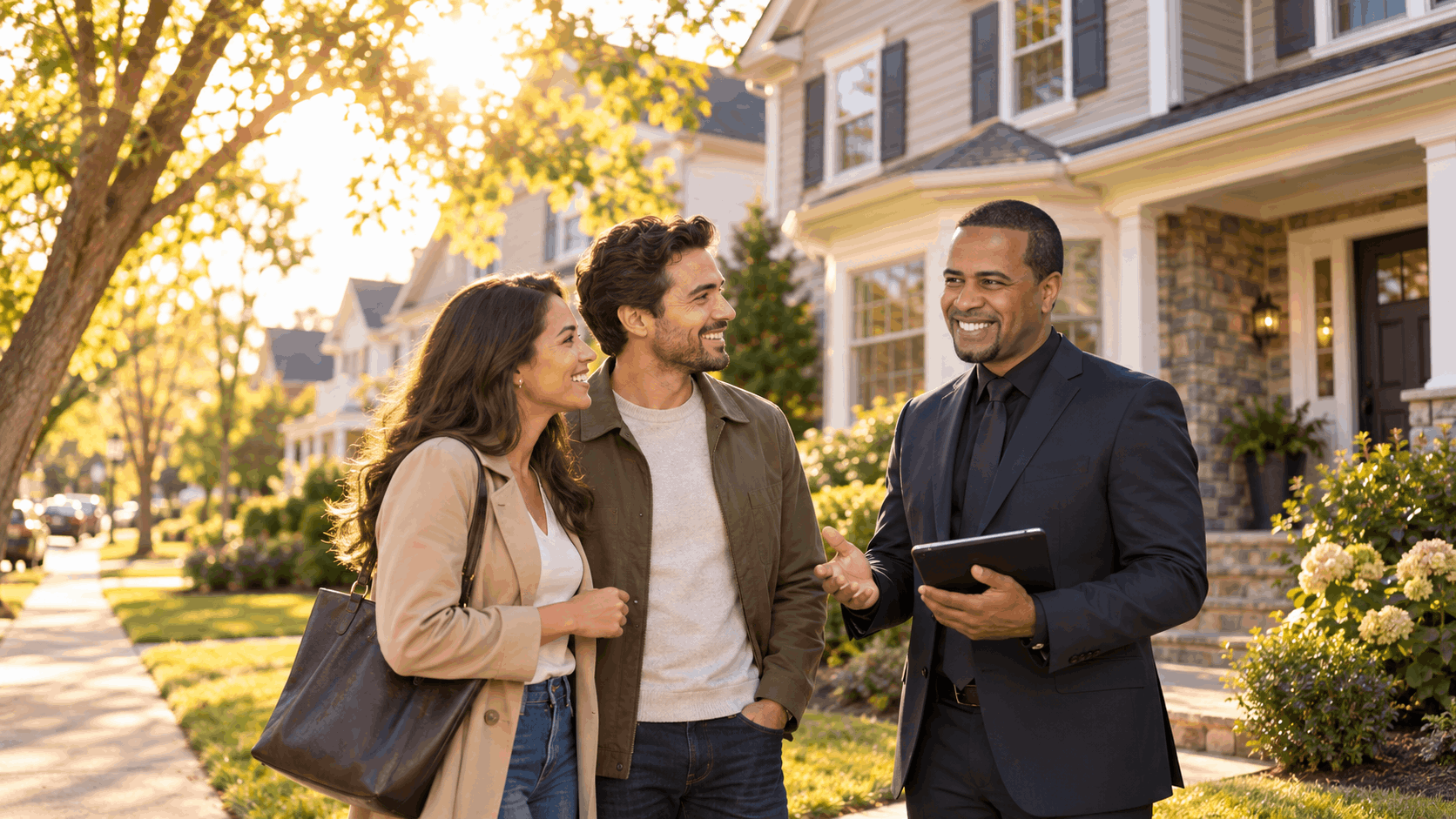 North Jersey homebuyers speaking with a local real estate agent outside a Clifton-style home after a property tour, discussing next steps in the home-buying process.