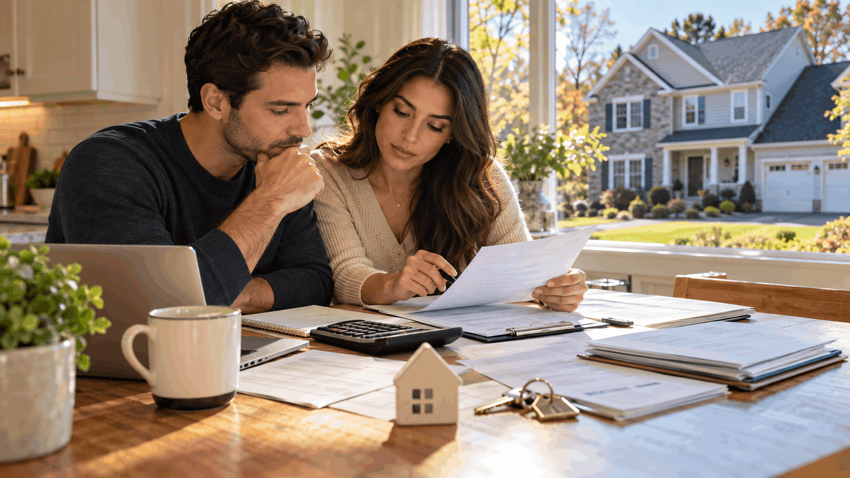North Jersey homebuyers reviewing a home-buying budget at a kitchen table with mortgage papers, calculator, insurance documents, and house keys, with a Clifton-style home visible in the background.