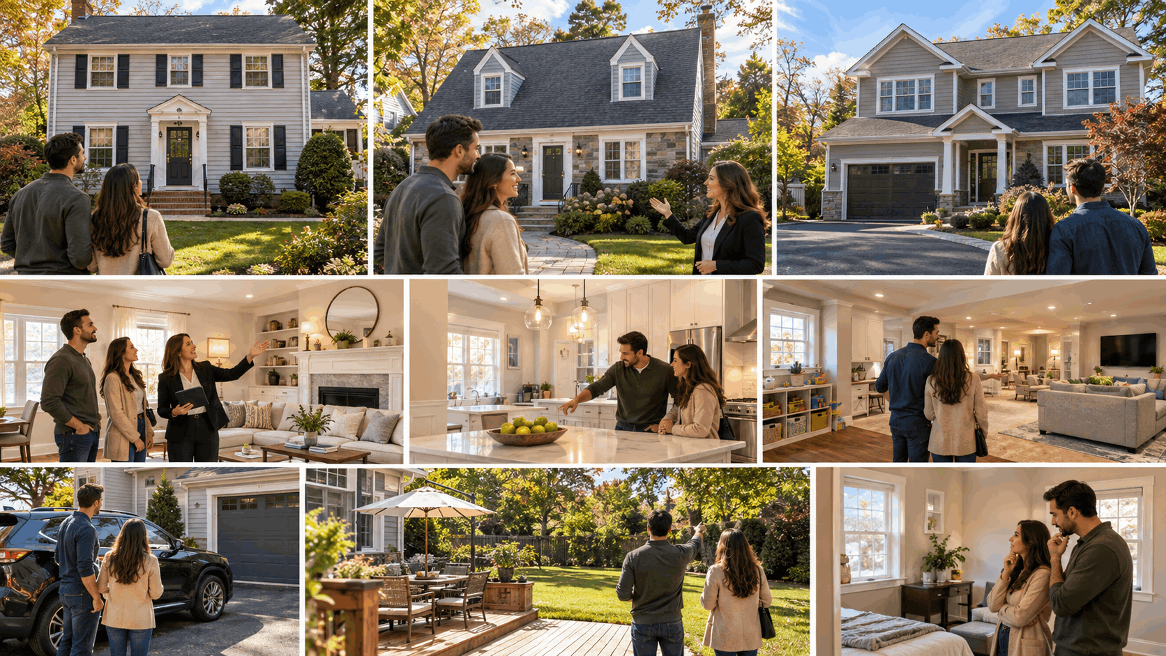 First-time North Jersey homebuyers touring and comparing different home styles, including a Clifton Colonial, Cape Cod, and updated suburban home, while evaluating layout, parking, backyard space, and room size.