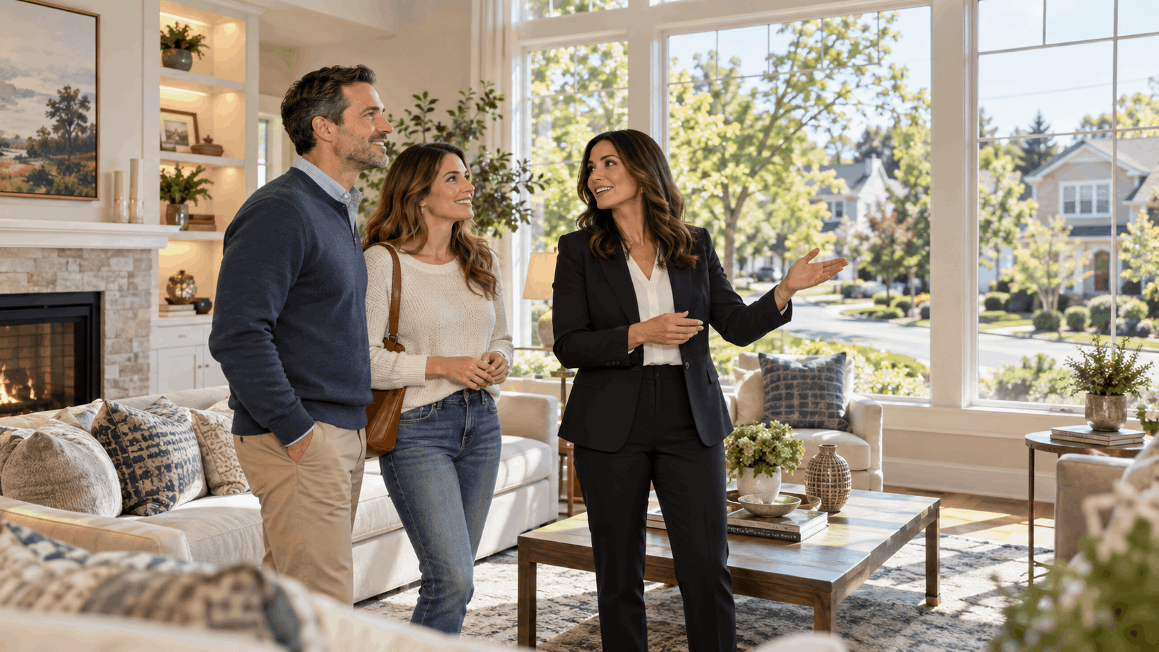 North Jersey homebuyers tour a bright single-family home with a real estate professional while discussing neighborhood lifestyle and community amenities.