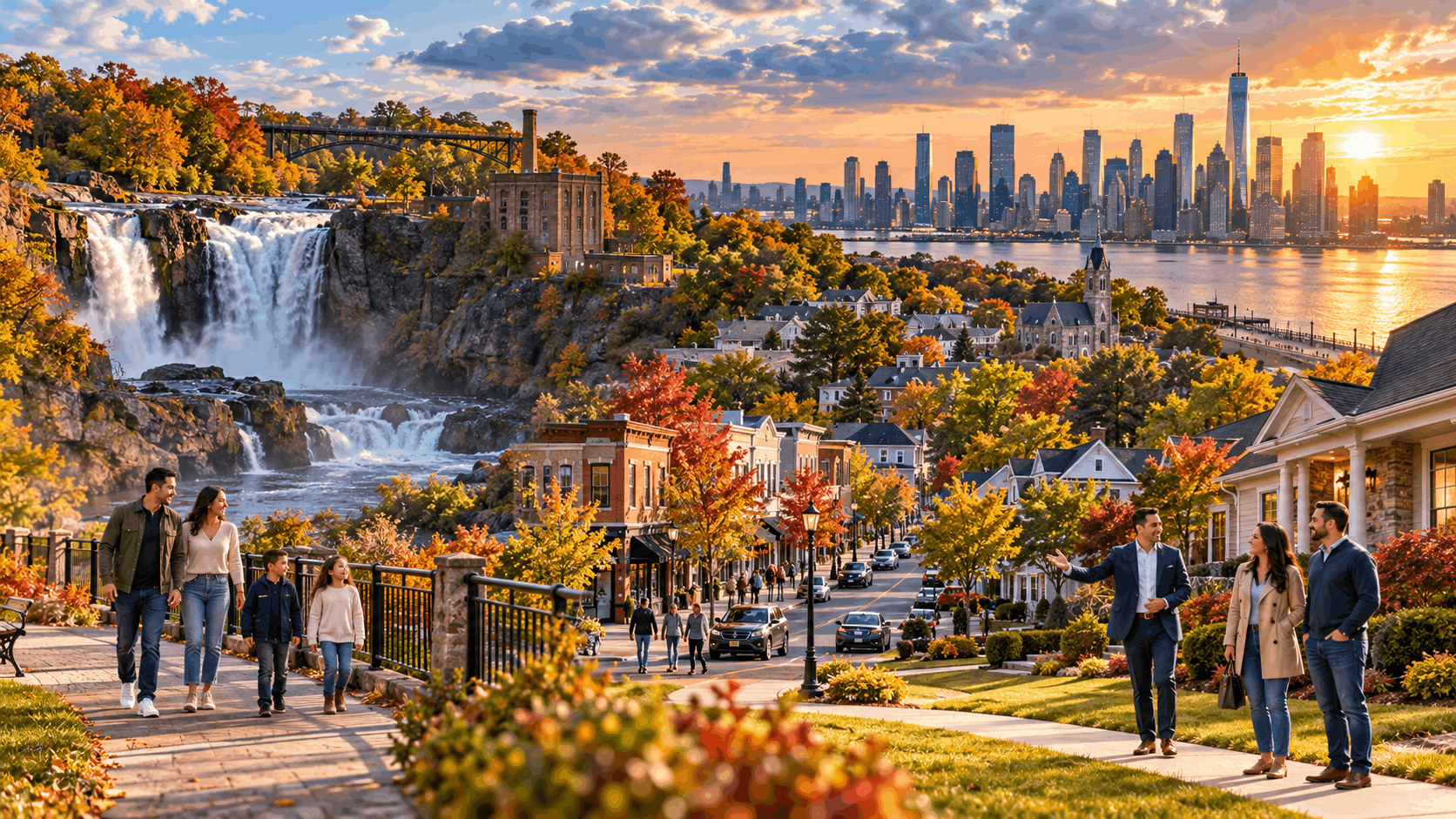 North Jersey lifestyle scene featuring Paterson Great Falls, Clifton and Bergen County neighborhoods, Jersey City skyline, families, and local homes in fall.