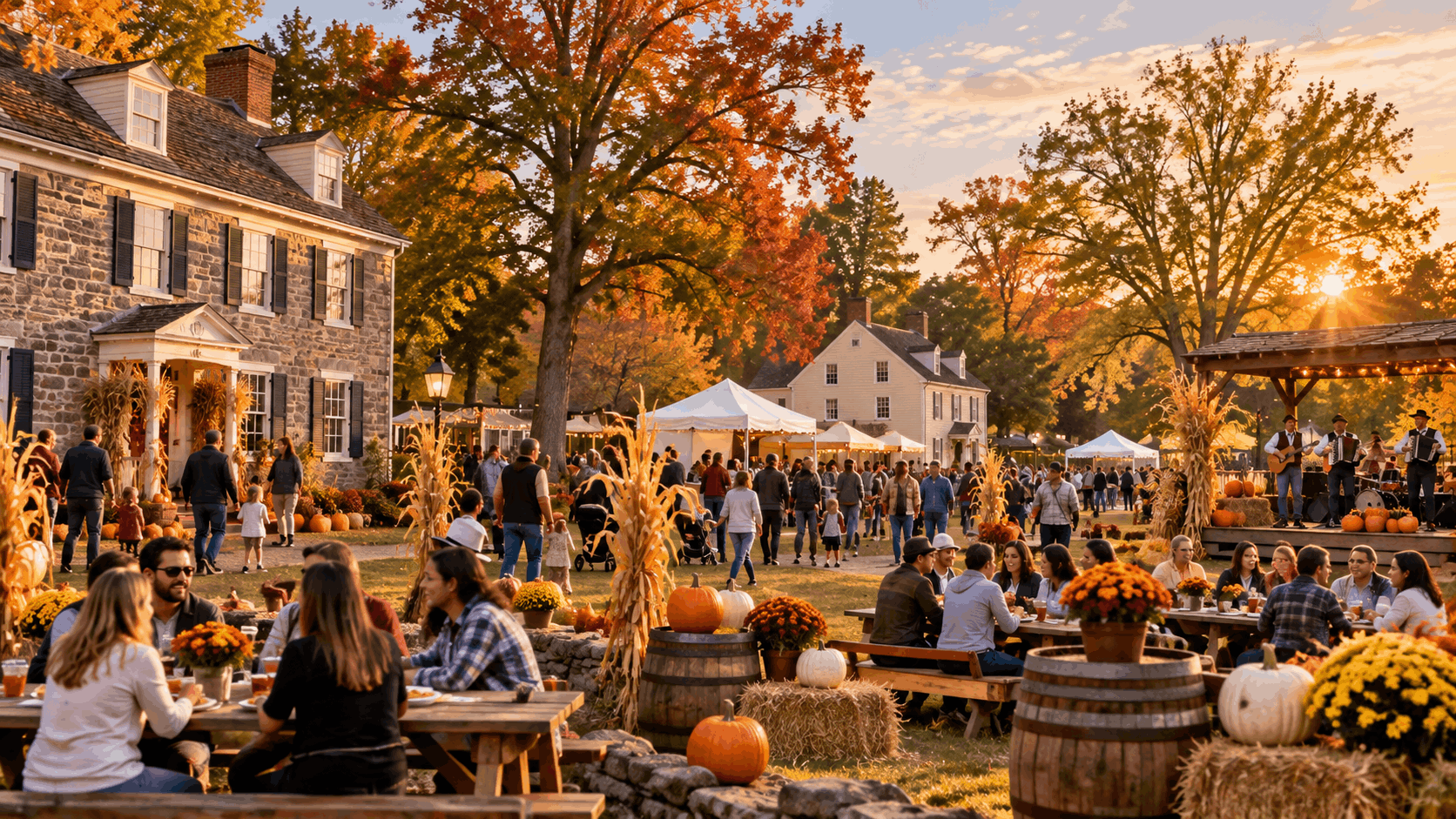 Historic fall festival in River Edge, New Jersey with restored colonial homes, pumpkins, picnic tables, autumn decorations, and families gathering at sunset.