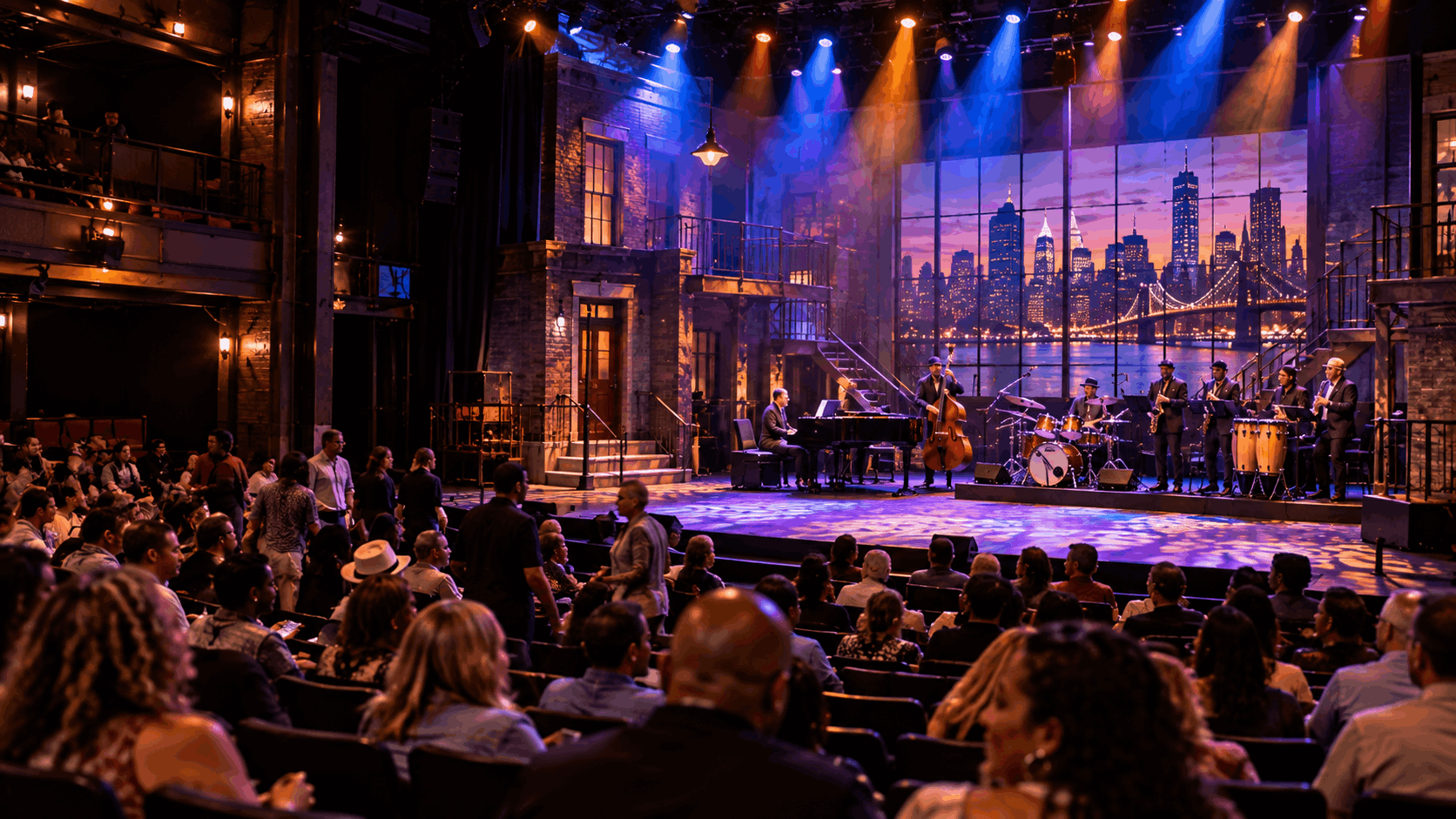 Modern black box theater in Jersey City with audience members taking their seats as stage lights illuminate a live musical performance.