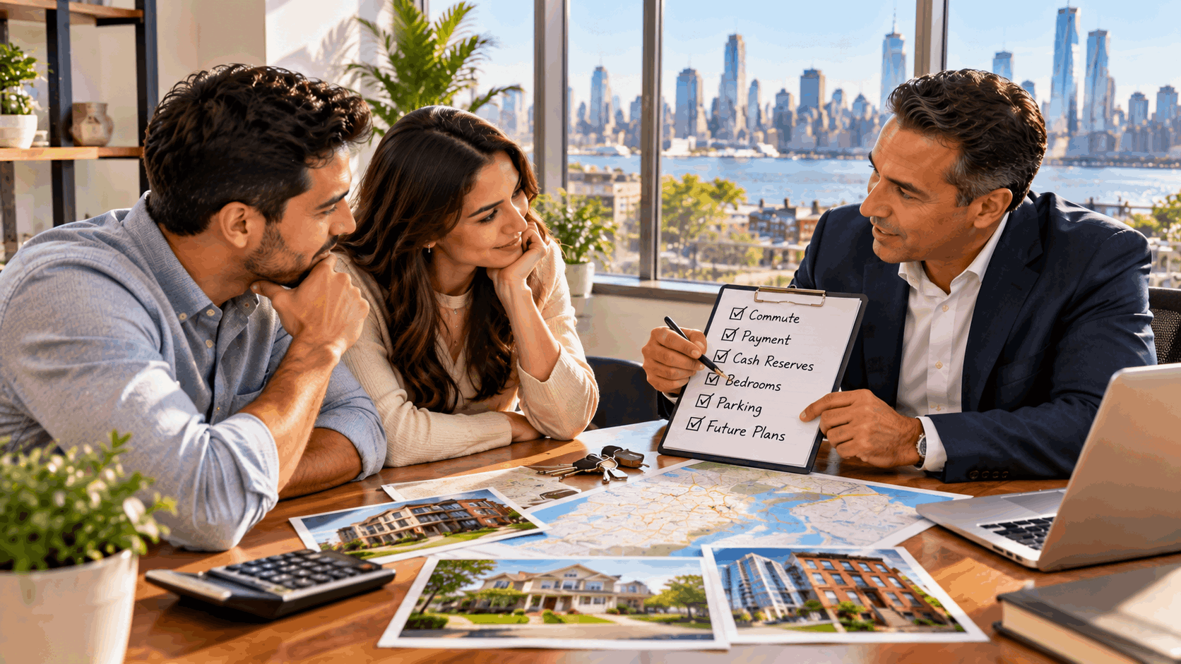 First-time New Jersey homebuyers meeting with a real estate professional to review commute, monthly payment, cash reserves, bedrooms, parking, and future plans.