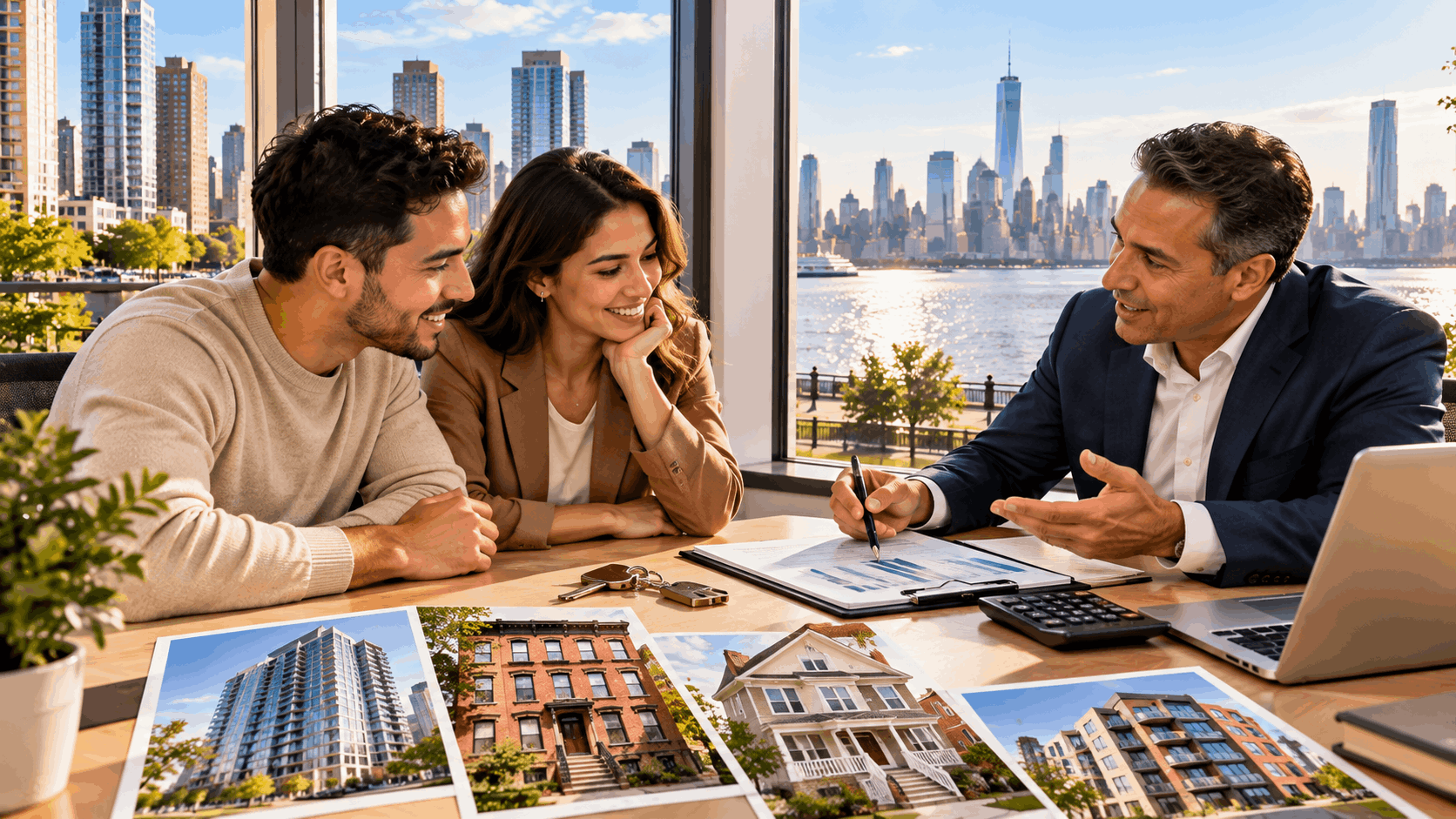 First-time New Jersey homebuyers meeting with a real estate professional to review down payment planning, mortgage options, property photos, and home-buying costs.