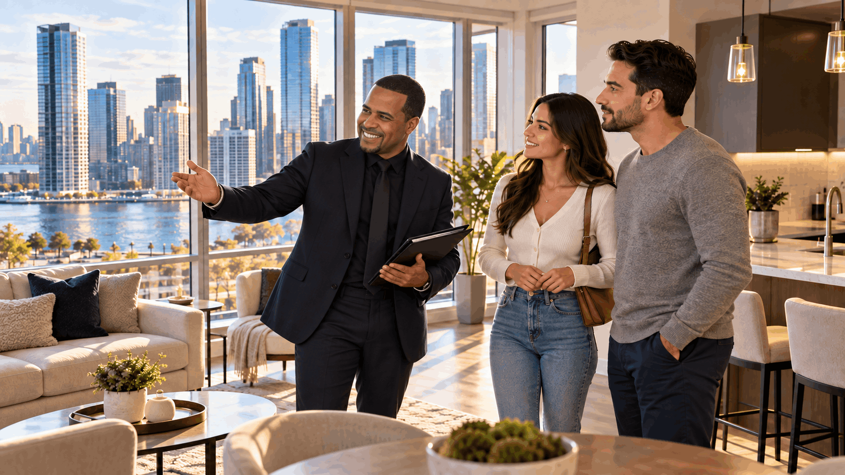 North Jersey real estate agent guiding first-time buyers through a modern Hudson County condo while discussing property condition and monthly ownership costs.