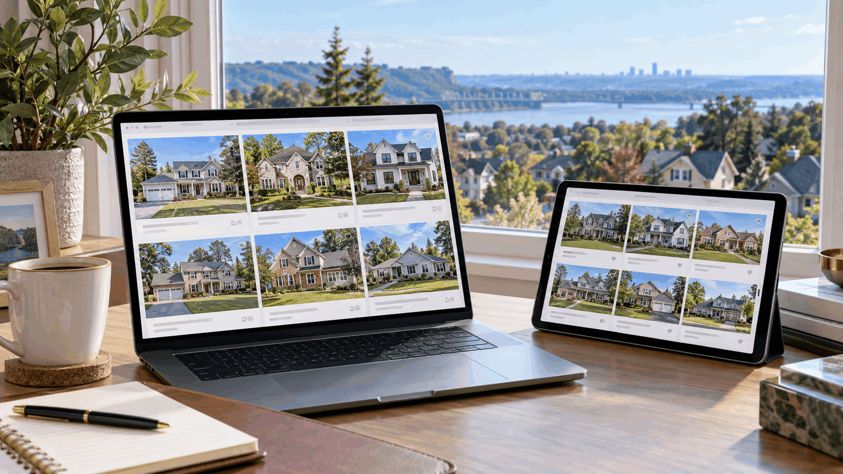 Laptop and tablet showing North Jersey home listings as a homeowner compares nearby properties and local real estate competition.