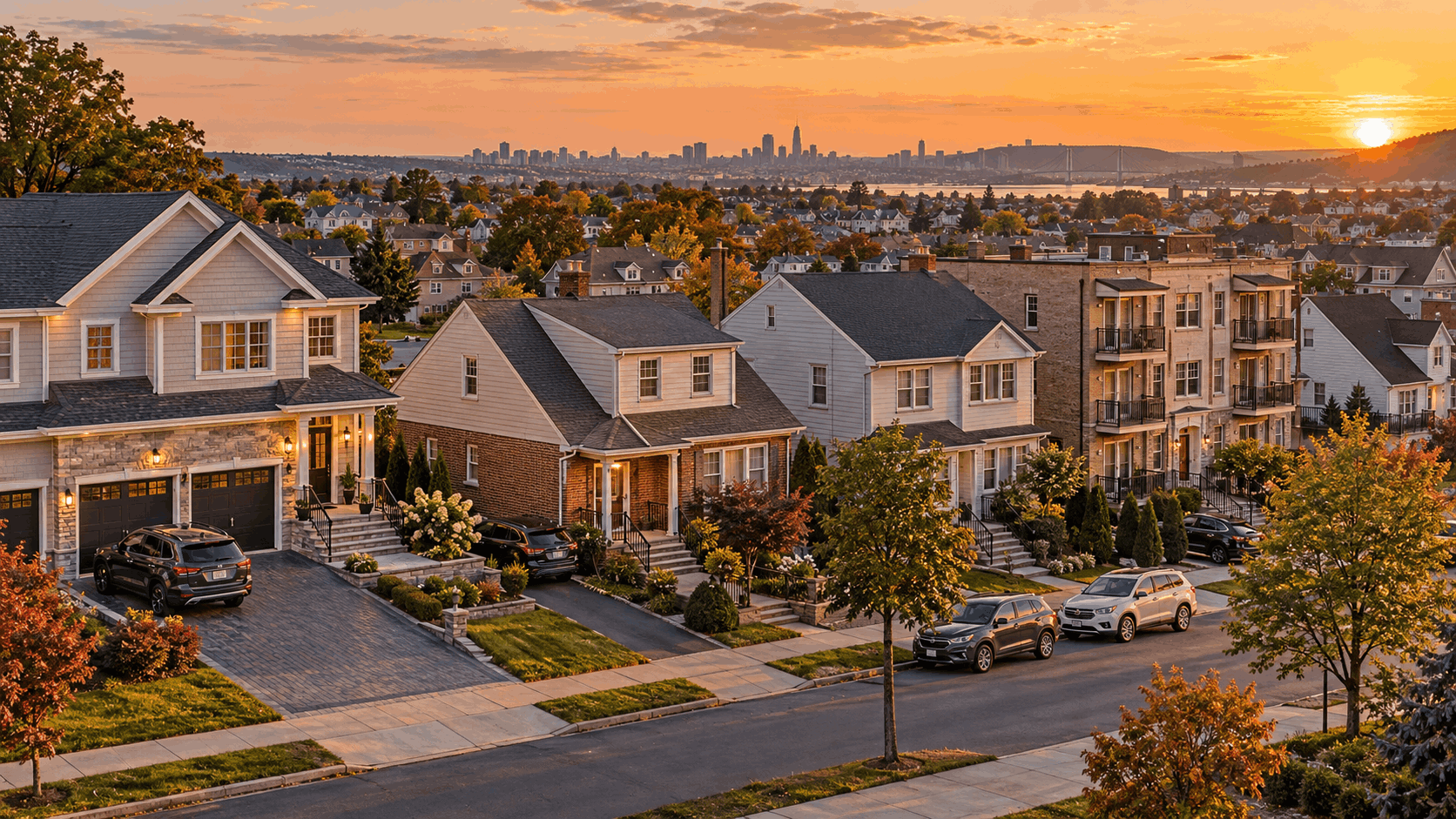Panoramic North Jersey residential scene showing single-family homes and small multifamily properties across Passaic County and Bergen County at golden hour.
