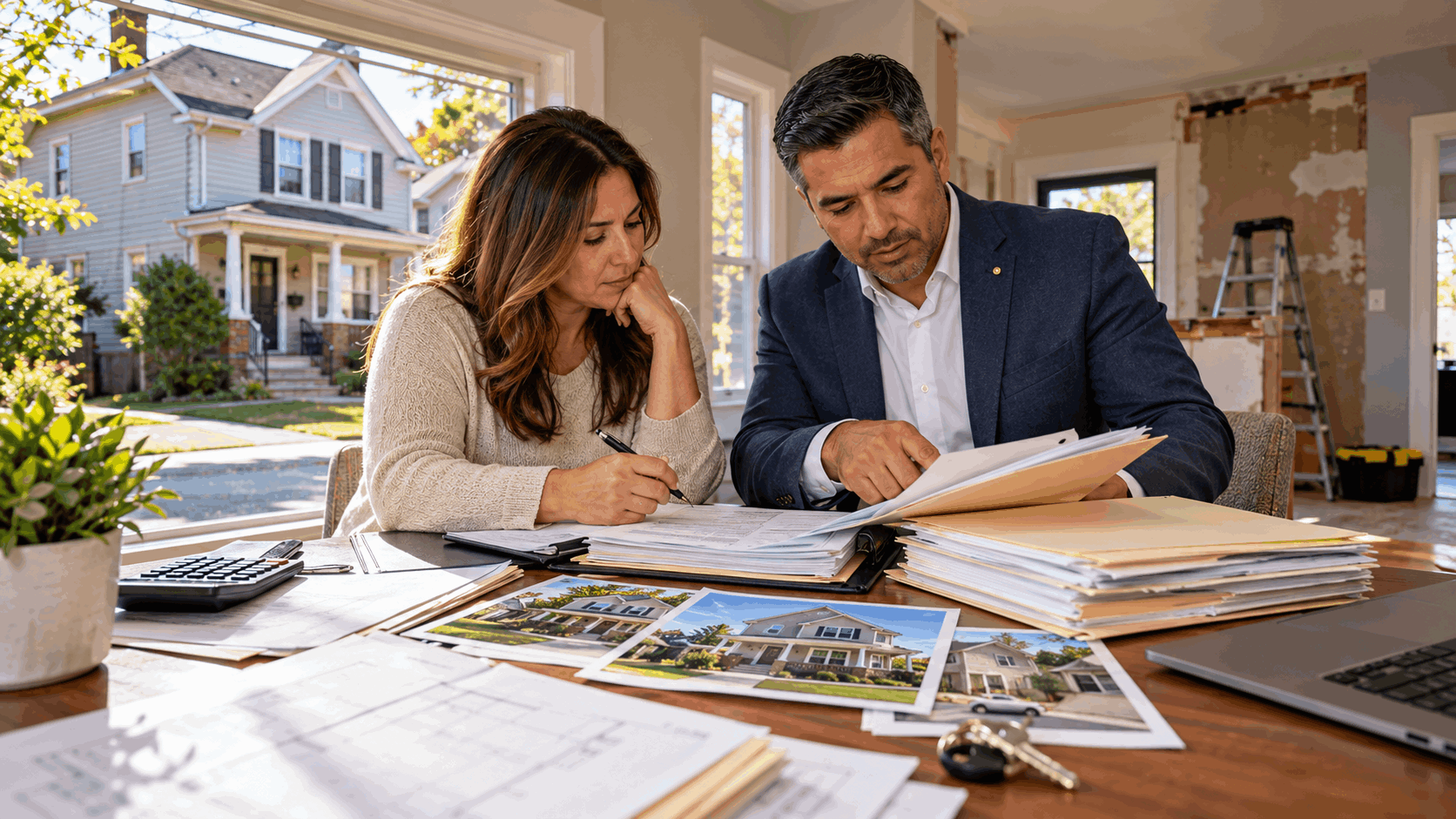 New Jersey property owner reviewing permit folders and municipal documents with a real estate professional while identifying potential selling issues early.