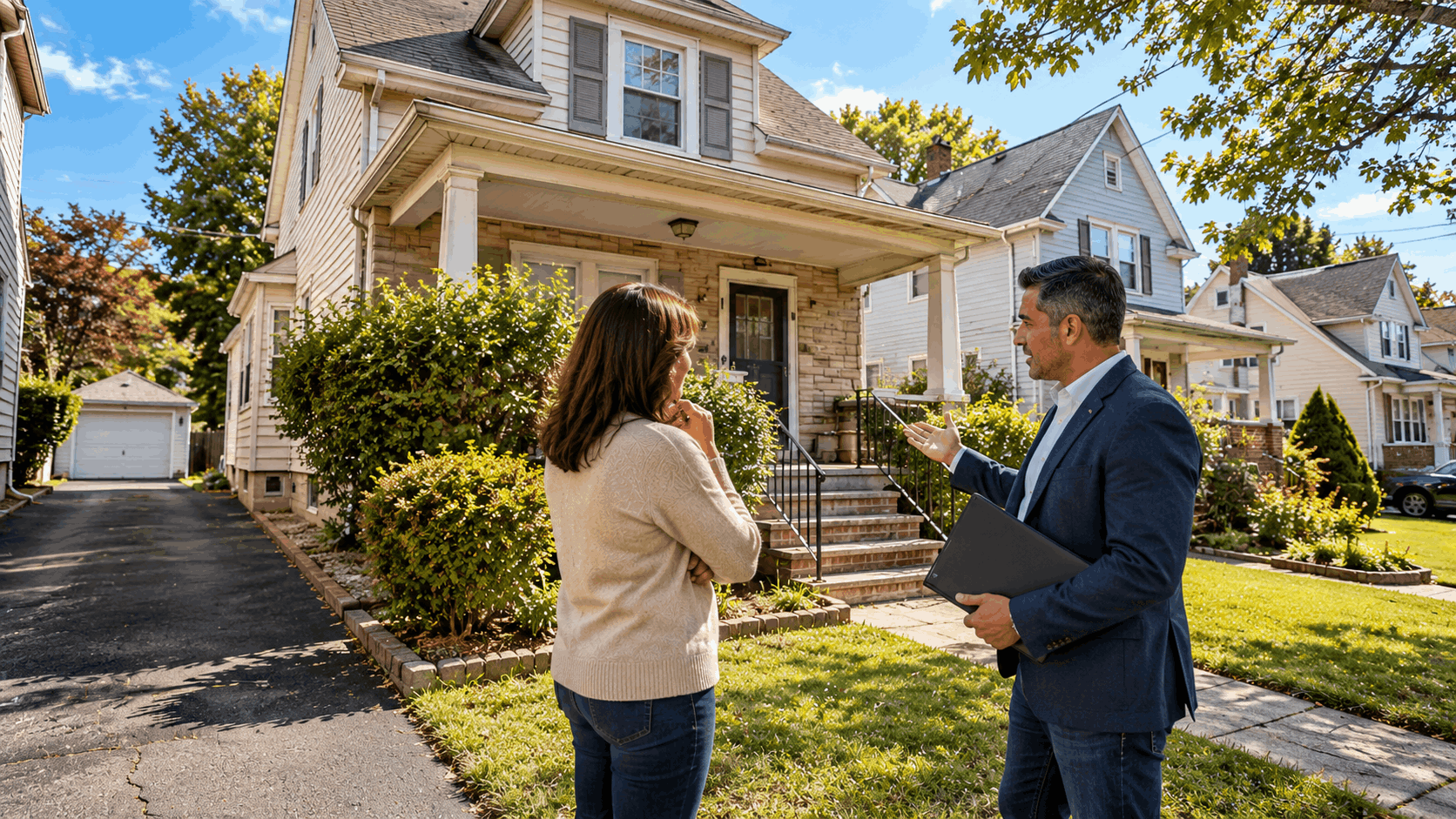Clifton NJ homeowner discussing an older single-family home with a real estate professional in a North Jersey residential neighborhood.