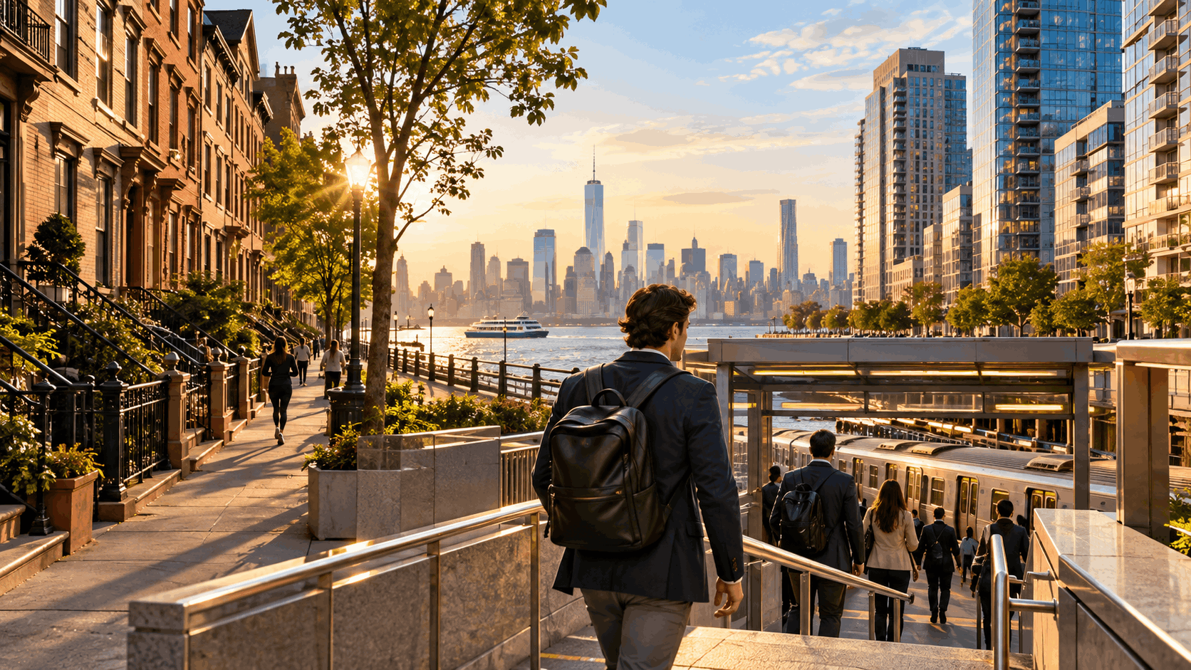 Young professional commuting from a Hudson County condo toward a PATH station with Hoboken and Jersey City streets and the Manhattan skyline in the background.