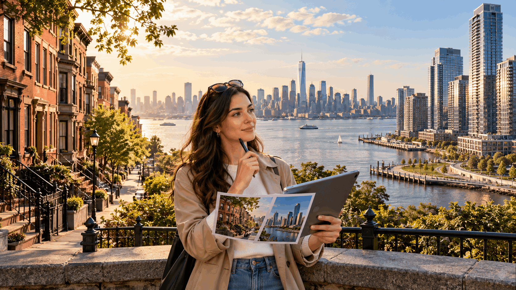 First-time homebuyer comparing Hoboken brownstones and Jersey City high-rises from a Hudson River overlook with the Manhattan skyline in the distance.