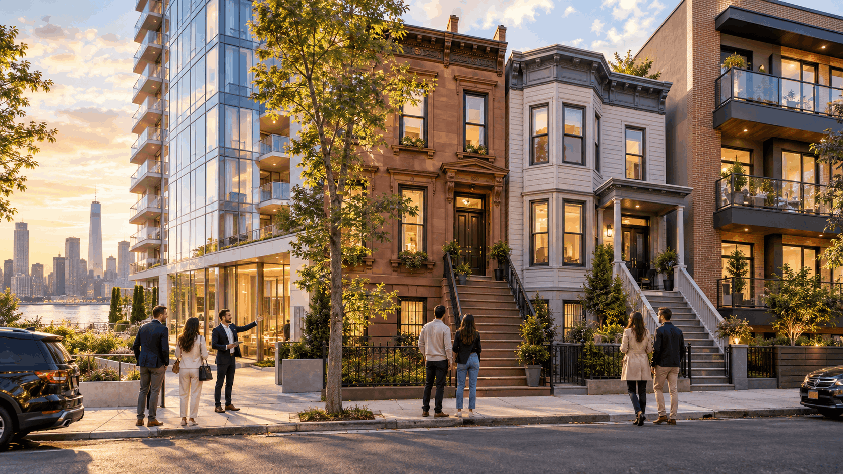 Buyers touring different Hudson County housing types, including a high-rise condo, brownstone, two-family home, and modern multifamily property.