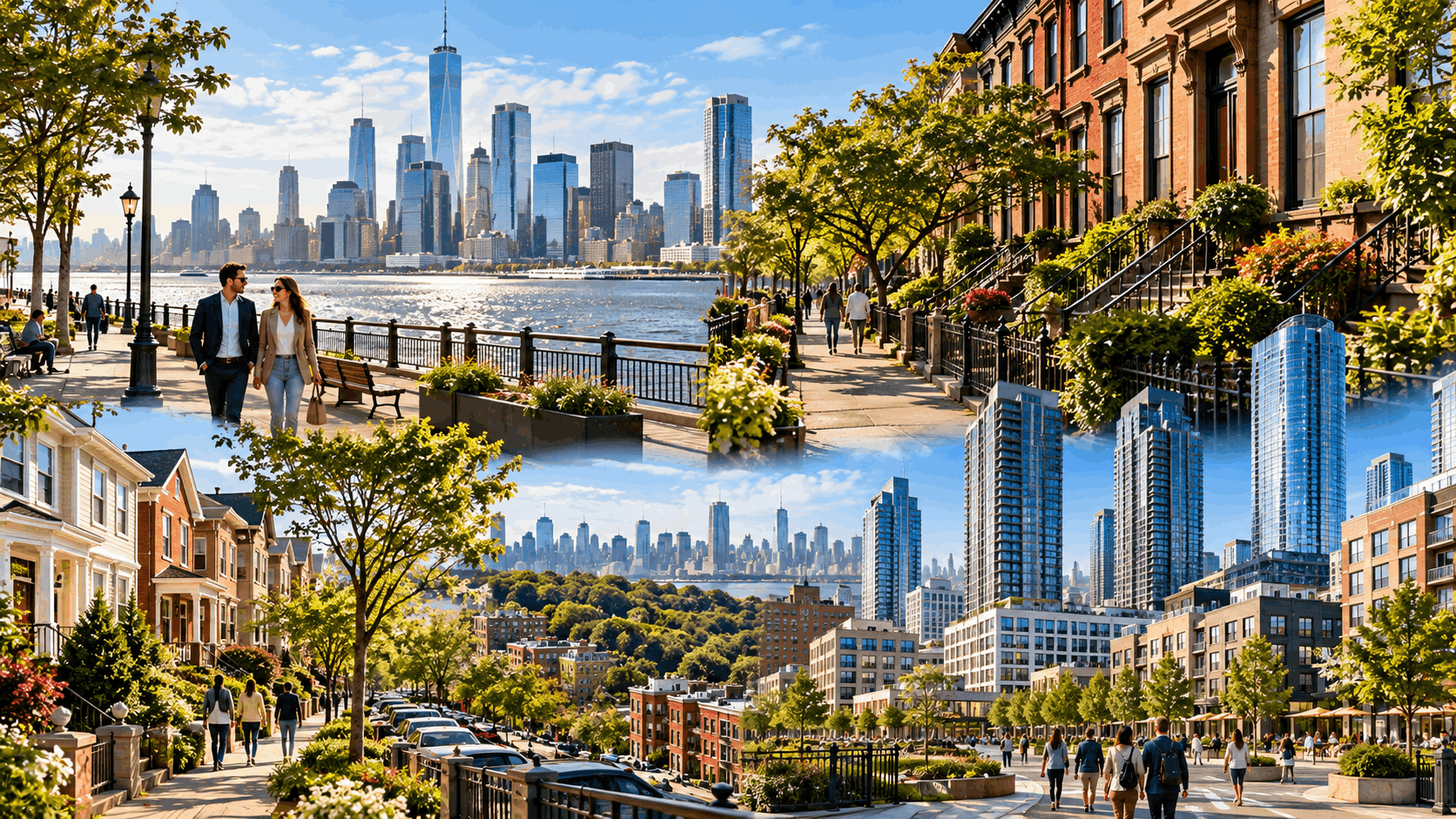 Jersey City neighborhood montage showing Downtown brownstones, Newport waterfront towers, The Heights residential streets, and Journal Square high-rise development with prospective buyers exploring the area.
