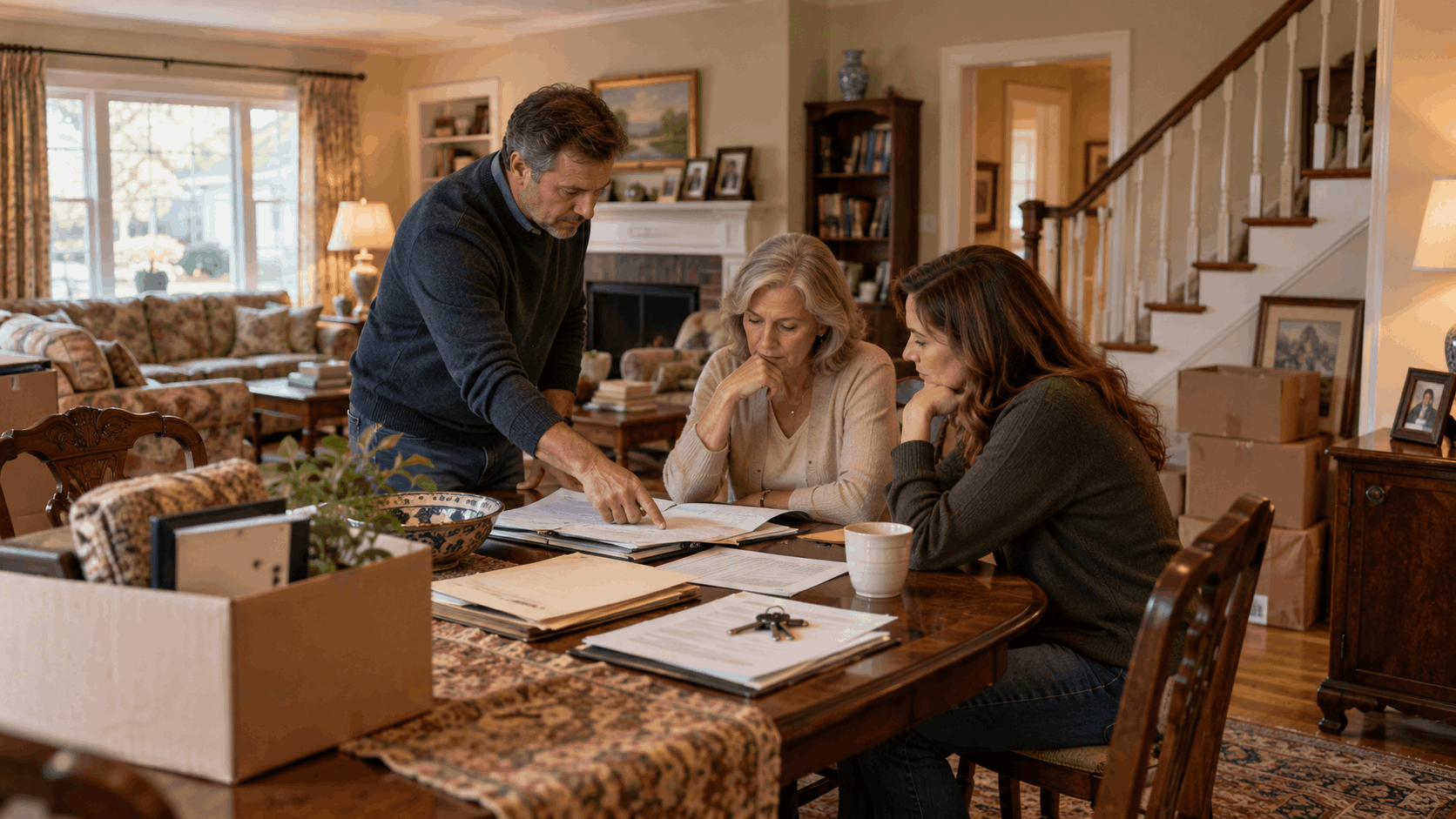 Heirs reviewing estate paperwork in a slightly dated New Jersey family home with moving boxes, house keys, and personal belongings during a probate sale.