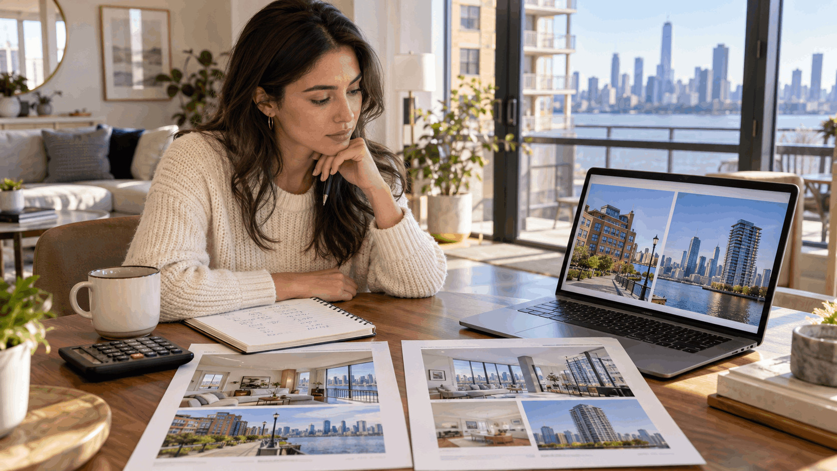 North Jersey first-time buyer comparing Hoboken and Jersey City condo options on a laptop and printed listing sheets with mortgage notes nearby.