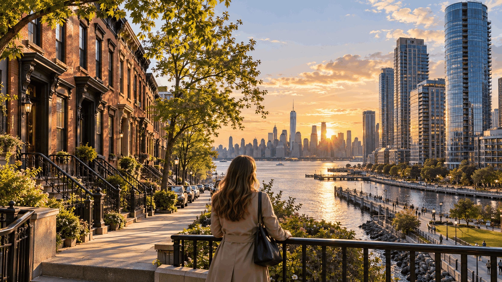 Prospective homebuyer comparing Hoboken brownstones with Jersey City waterfront high-rises and the Manhattan skyline across the Hudson River.