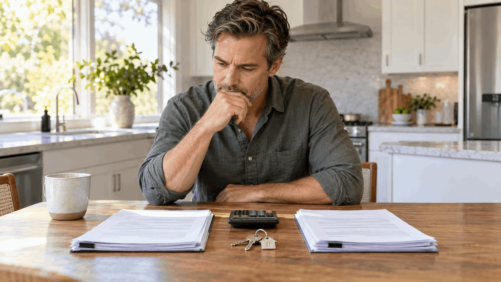Homeowner comparing a cash offer and traditional market sale for an inherited New Jersey property with a calculator and house keys on the table.