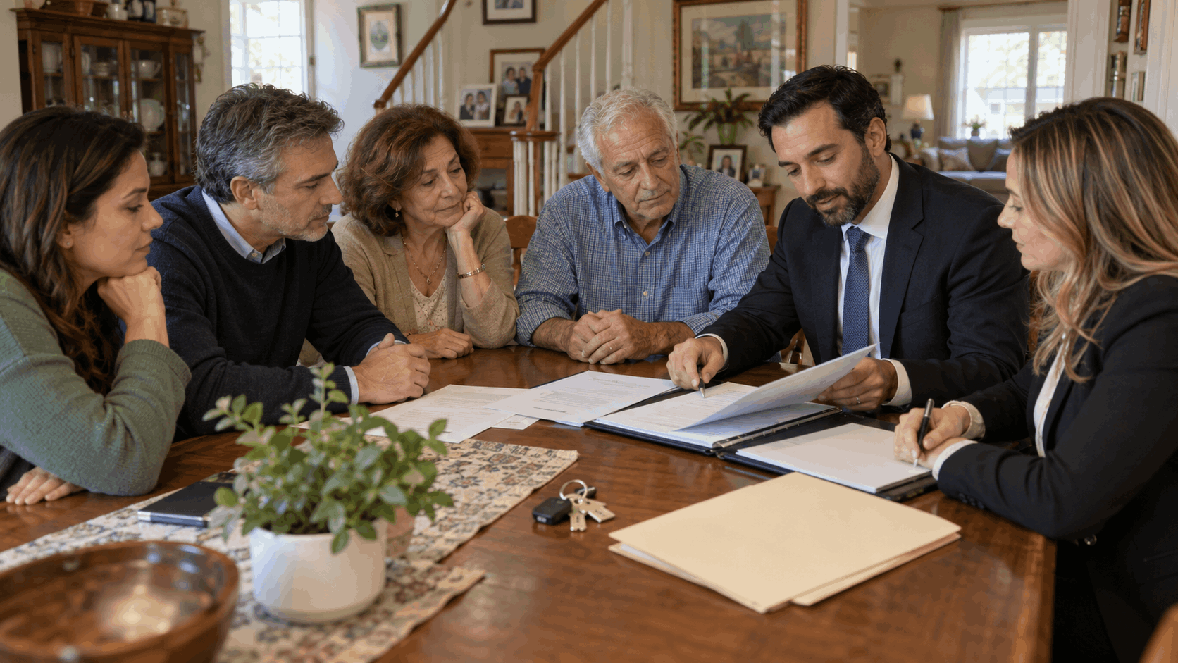 Family members reviewing inherited property documents with an attorney and real estate professional inside a North Jersey home.