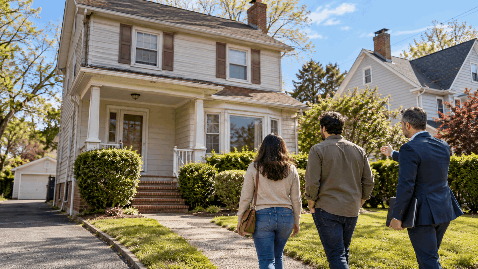 Real estate professional showing prospective buyers an older North Jersey single-family home being prepared for an as-is sale.