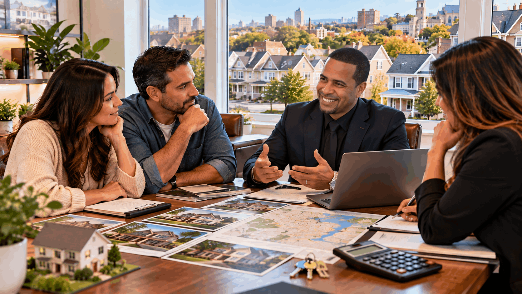 North Jersey real estate professional meeting with homebuyers to review property options, neighborhood maps, home photos, and market information.