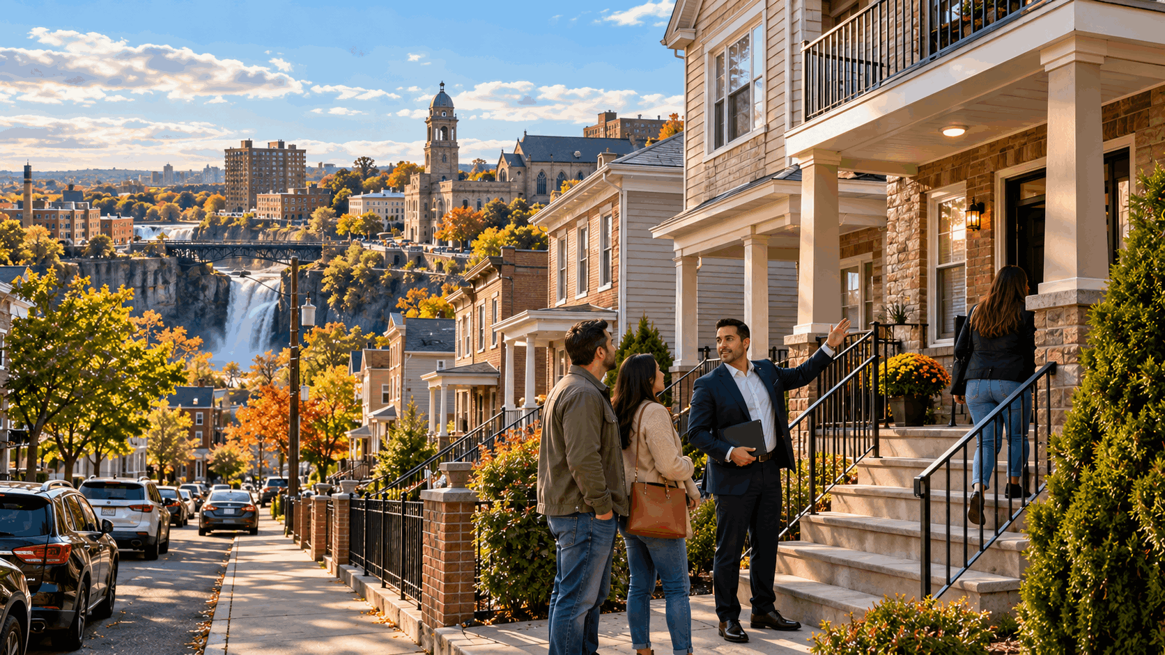 Buyers touring a well-maintained two-family home with a real estate professional in Paterson, New Jersey, with historic city architecture and neighborhood streets in the background.