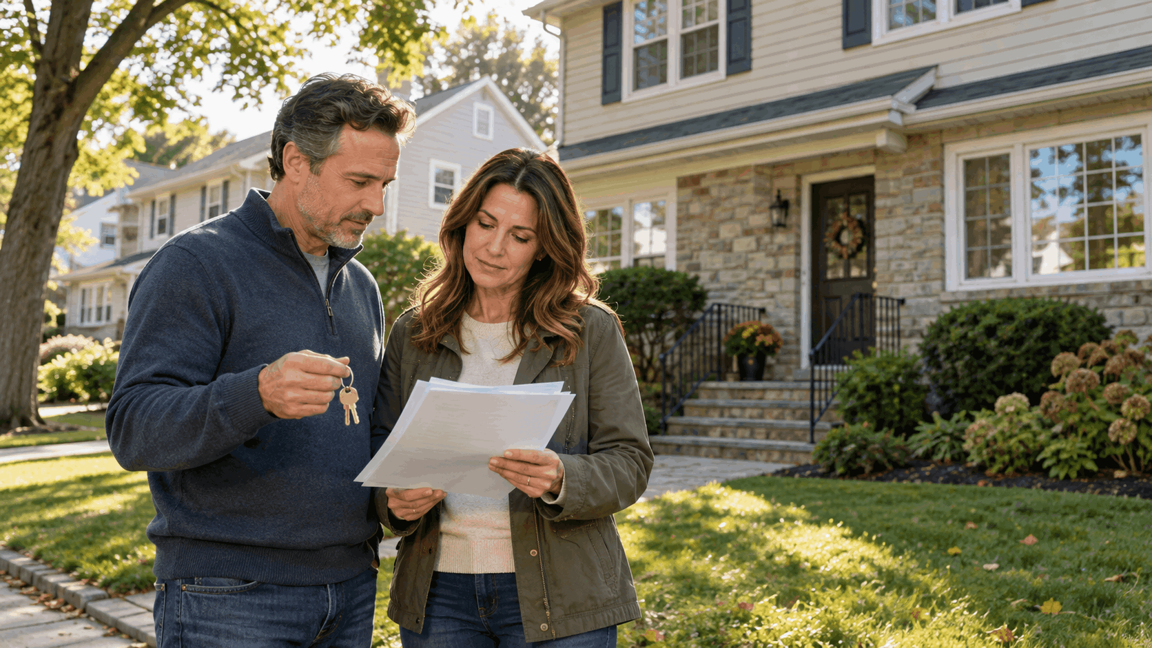 Adult brother and sister reviewing estate documents and house keys outside an inherited family home in North Jersey.