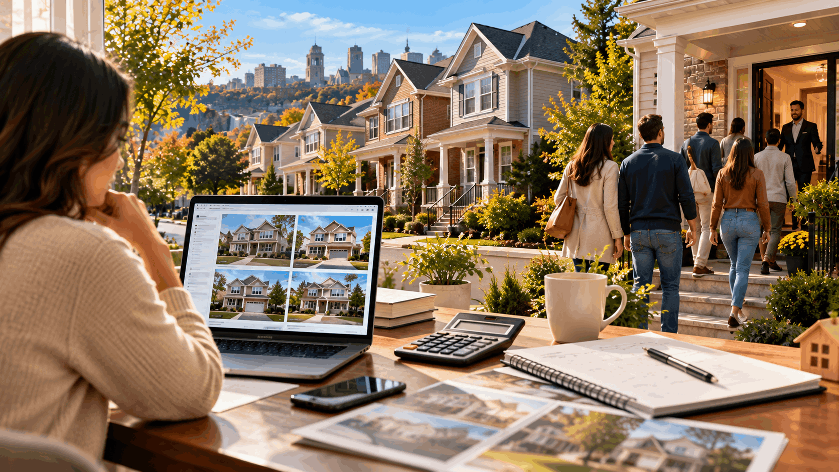 North Jersey homebuyer reviewing property listings and mortgage details while prospective buyers arrive at an open house in a competitive residential market.